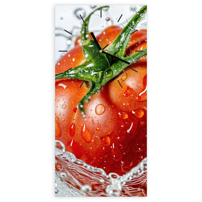 Wanduhr Tomate im Wasser aus Glas – Hochformat 30 × 60 cm mit Ziffernblatt Linie