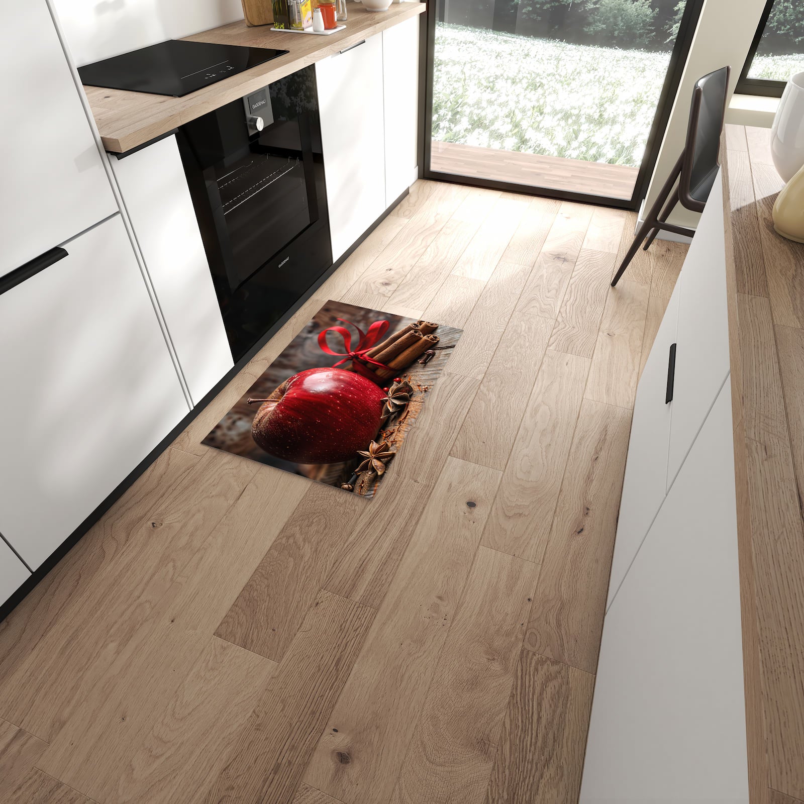 Fleckenresistenter Küchenteppich mit Motiv mit und Apfel in moderner Küche