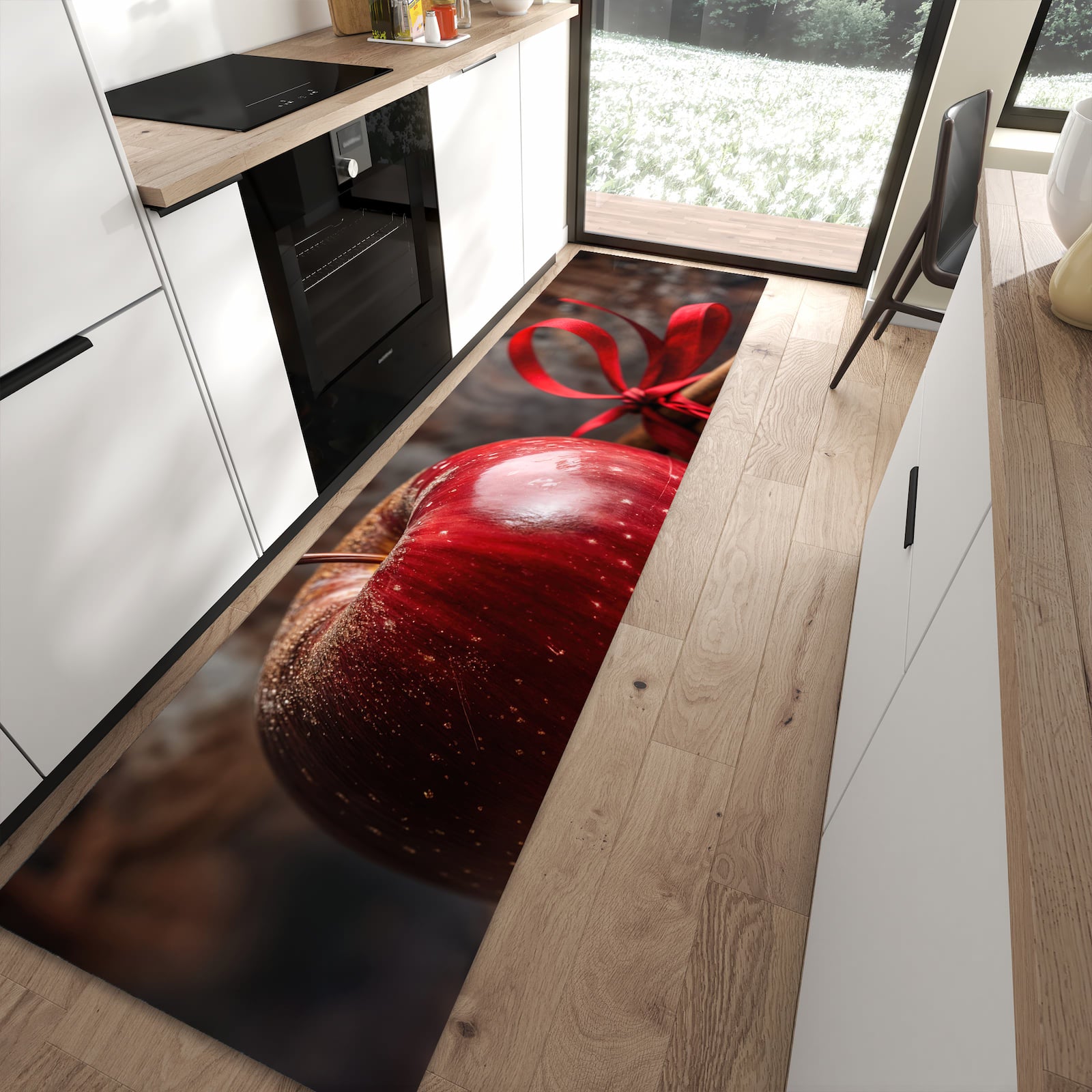 Flacher Küchenteppich mit Motiv mit und Apfel in moderner Küche