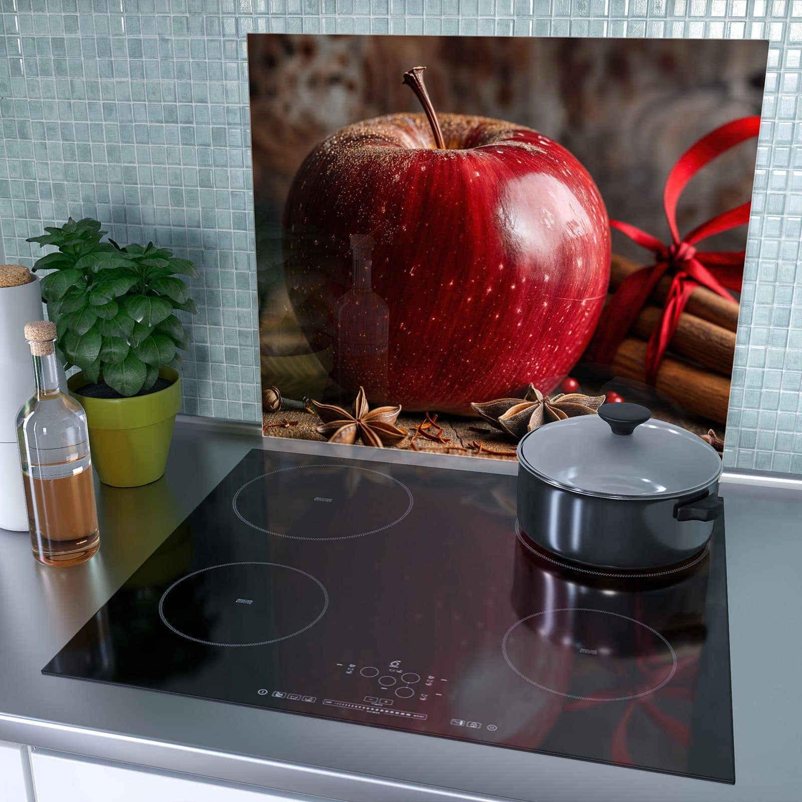 1-teilige Herdabdeckplatte aus Glas mit mit und Apfel-Motiv als Spritzschutz hinter dem Kochfeld