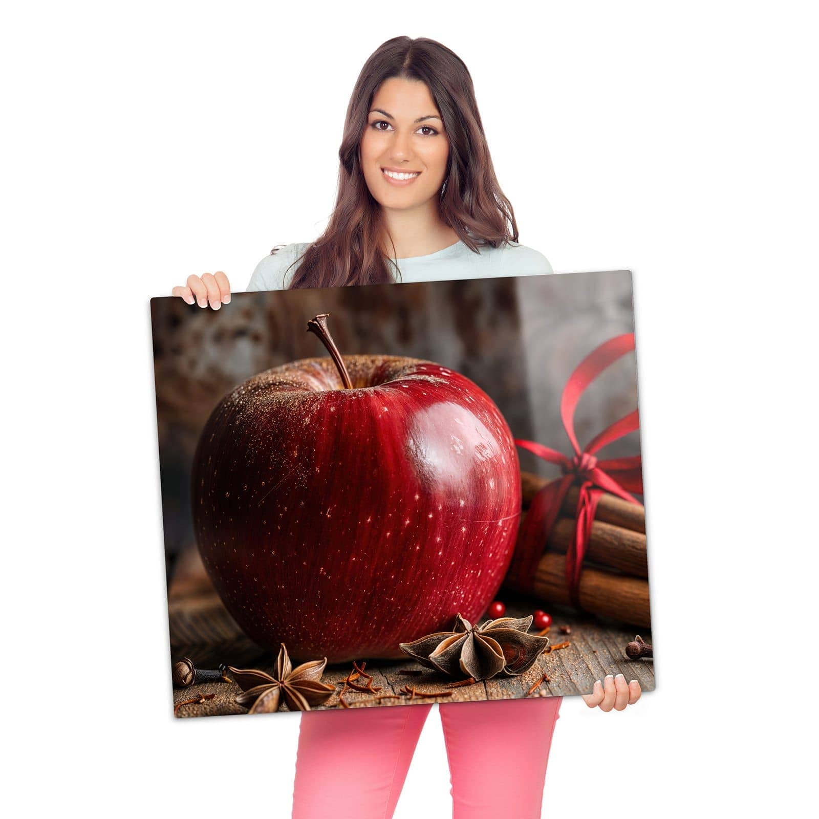 Ceranfeld Abdeckplatten mit mit und Apfel-Motiv werden zur Größendarstellung gehalten