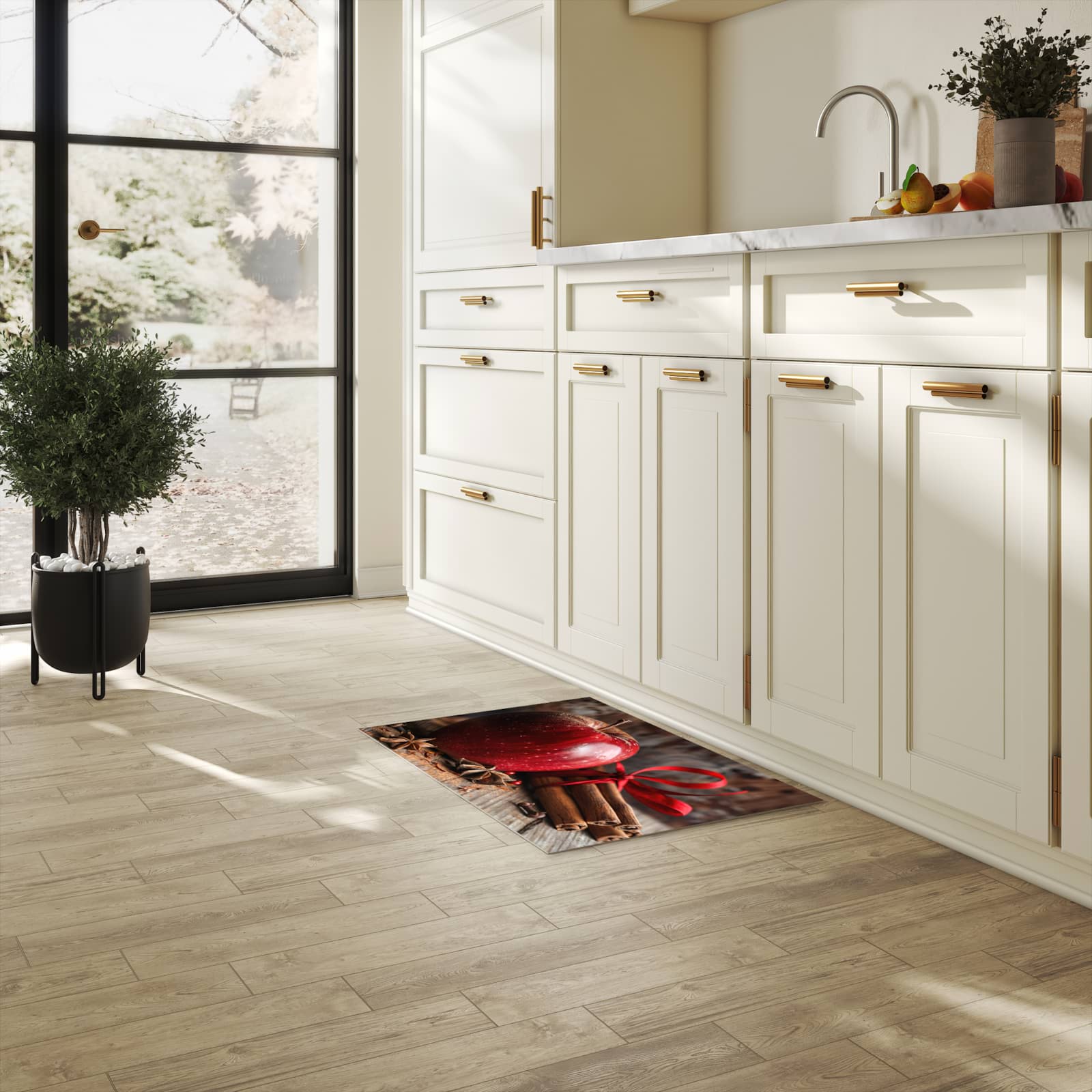 Langlebiger, waschbarer Küchenläufer mit Motiv mit und Apfel in heller Küche