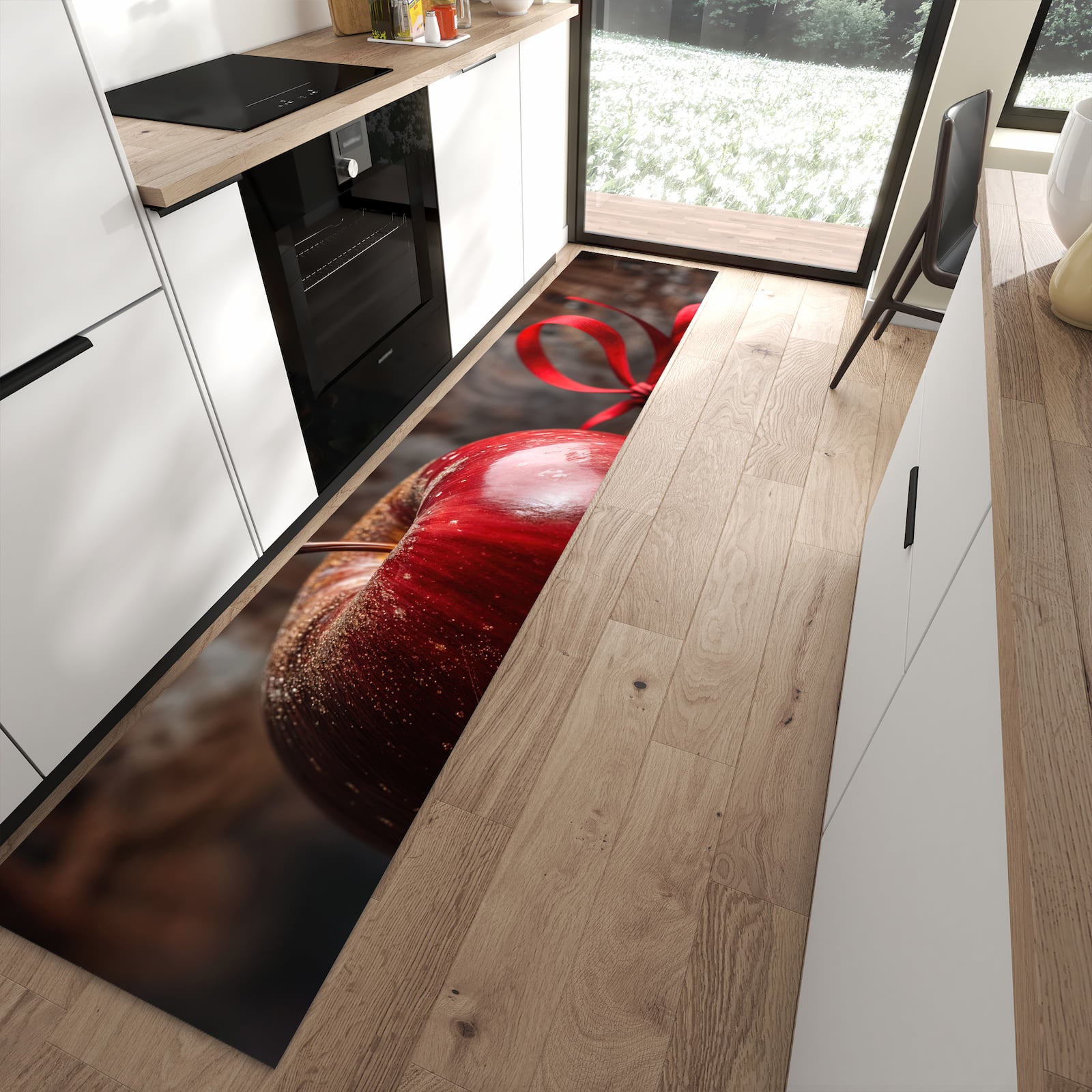 Wasserabweisender Küchenteppich mit Motiv mit und Apfel in moderner Küche