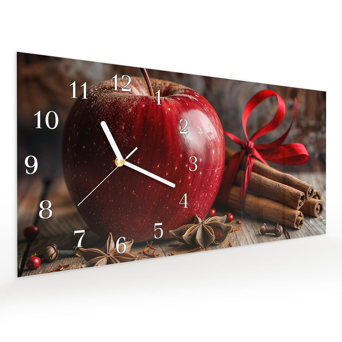 Vormontiert – mit Schwebeeffekt – Wanduhr mit und Apfel aus Glas – Querformat 60 × 30 cm