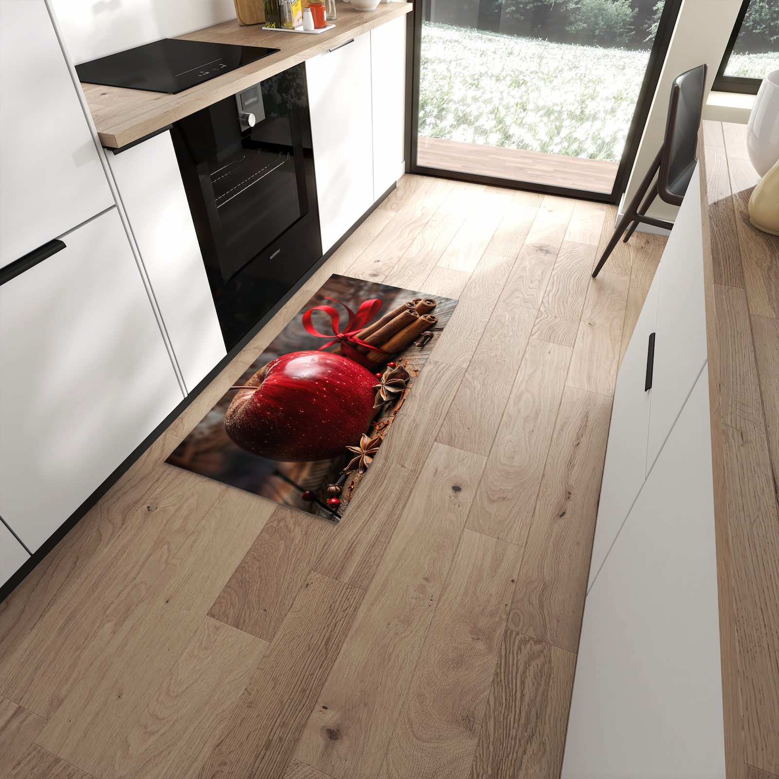 Zeitsparender Küchenläufer nach Maß mit Motiv mit und Apfel in moderner Küche #grösse_60 x 120 cm