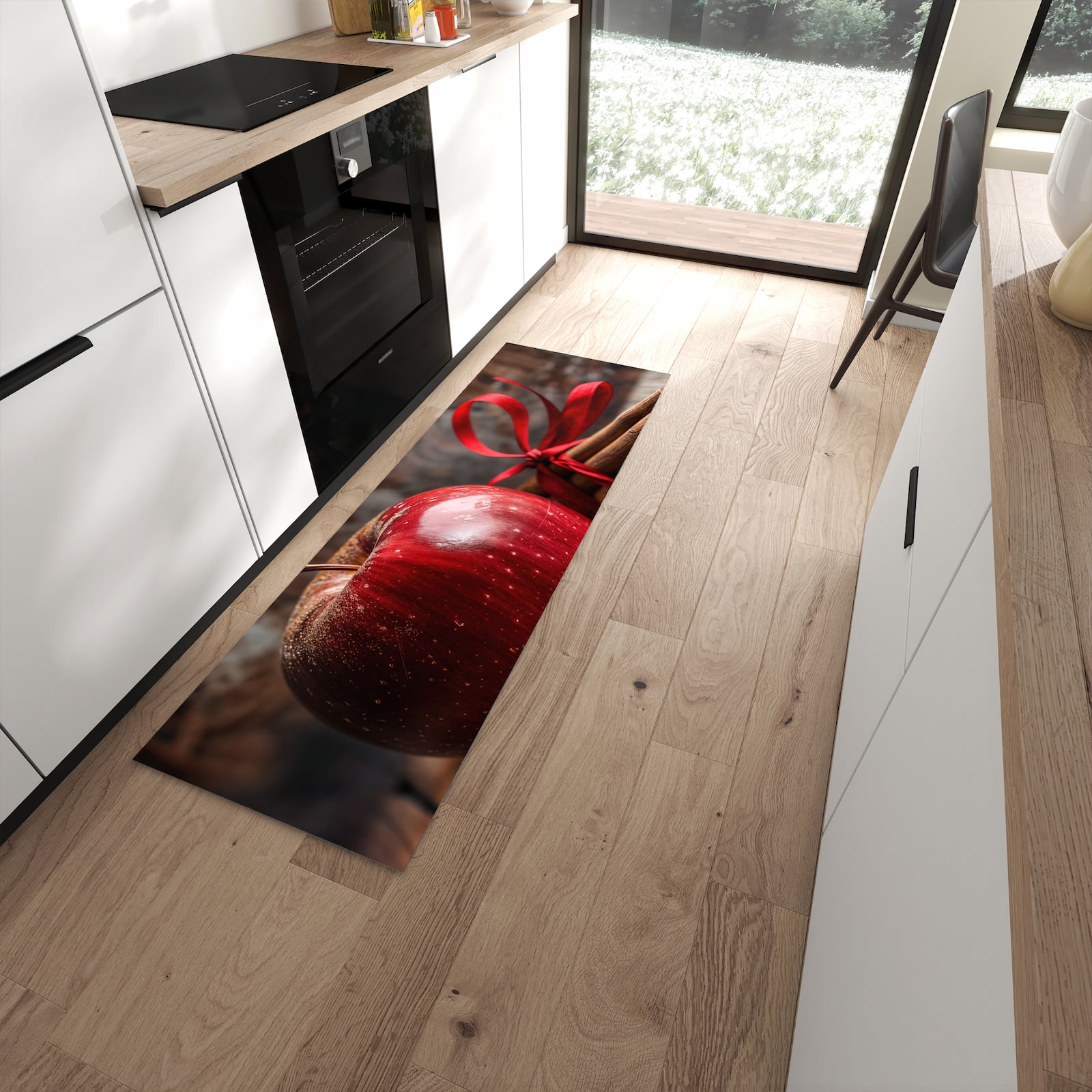 Abriebfester moderner Küchenläufer mit Motiv mit und Apfel in moderner Küche