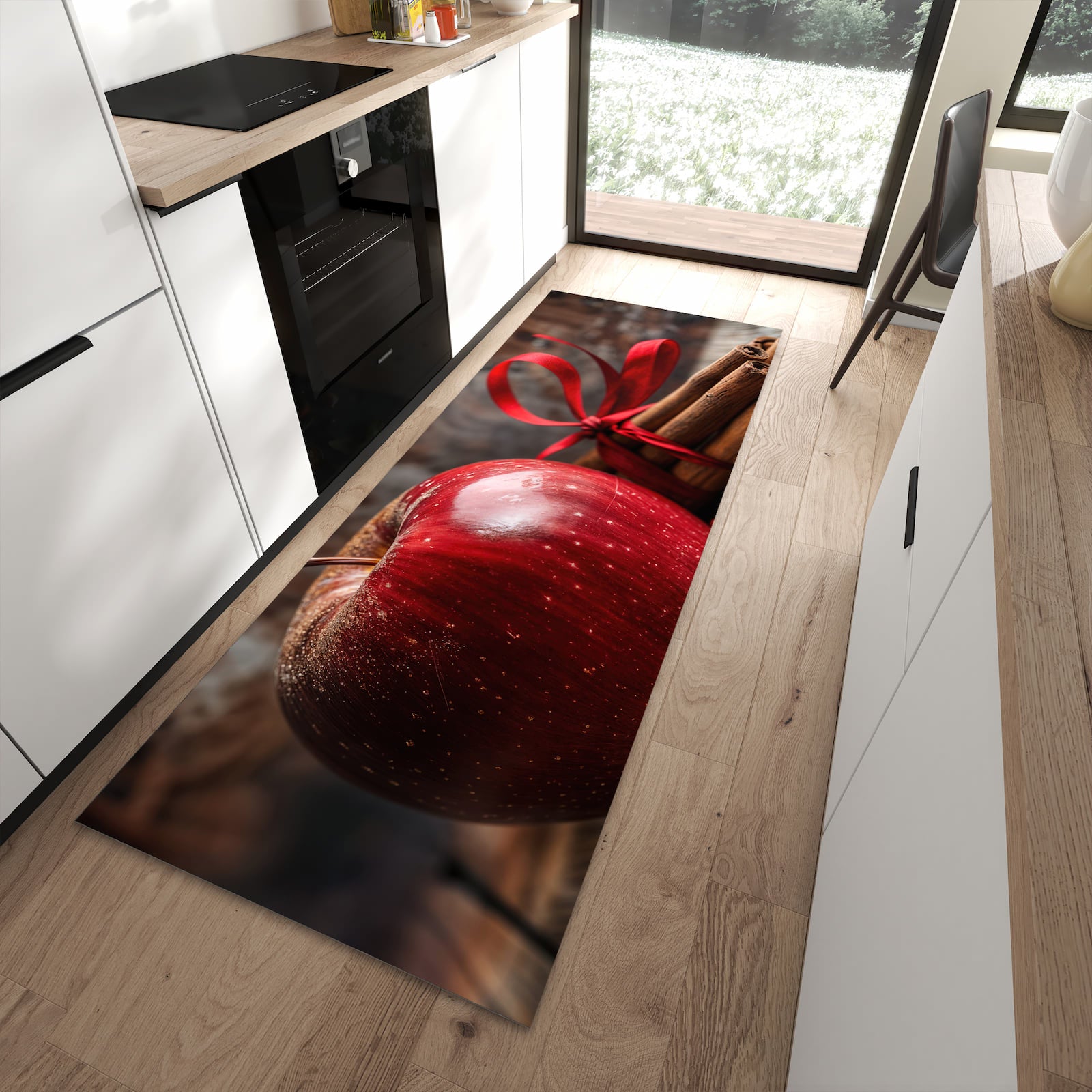 Komfortabler Küchenteppich mit Motiv mit und Apfel in moderner Küche