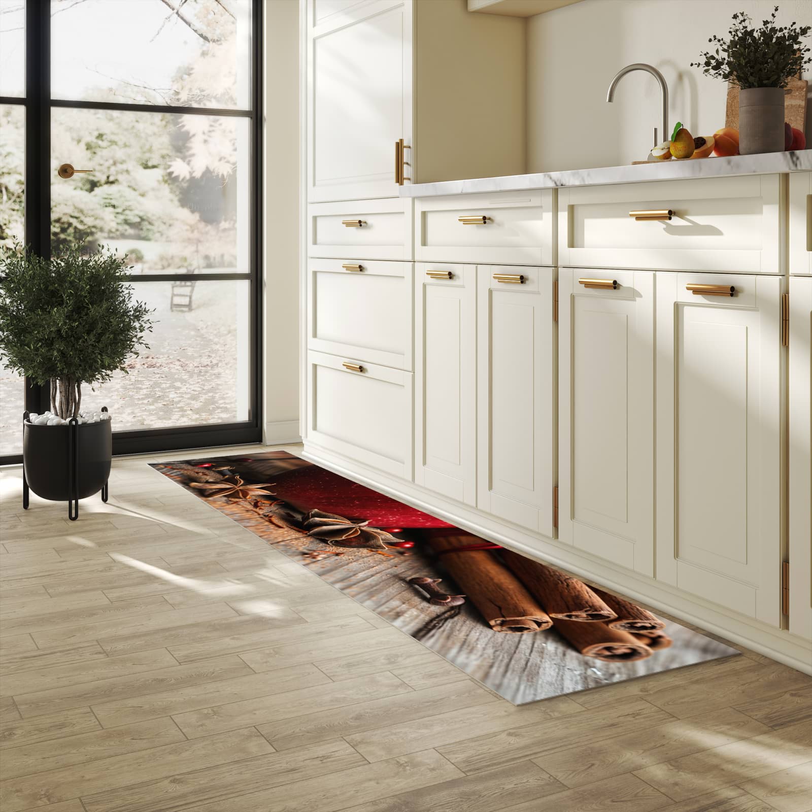 Schmutzabweisender moderner Küchenläufer mit Motiv mit und Apfel in heller Küche