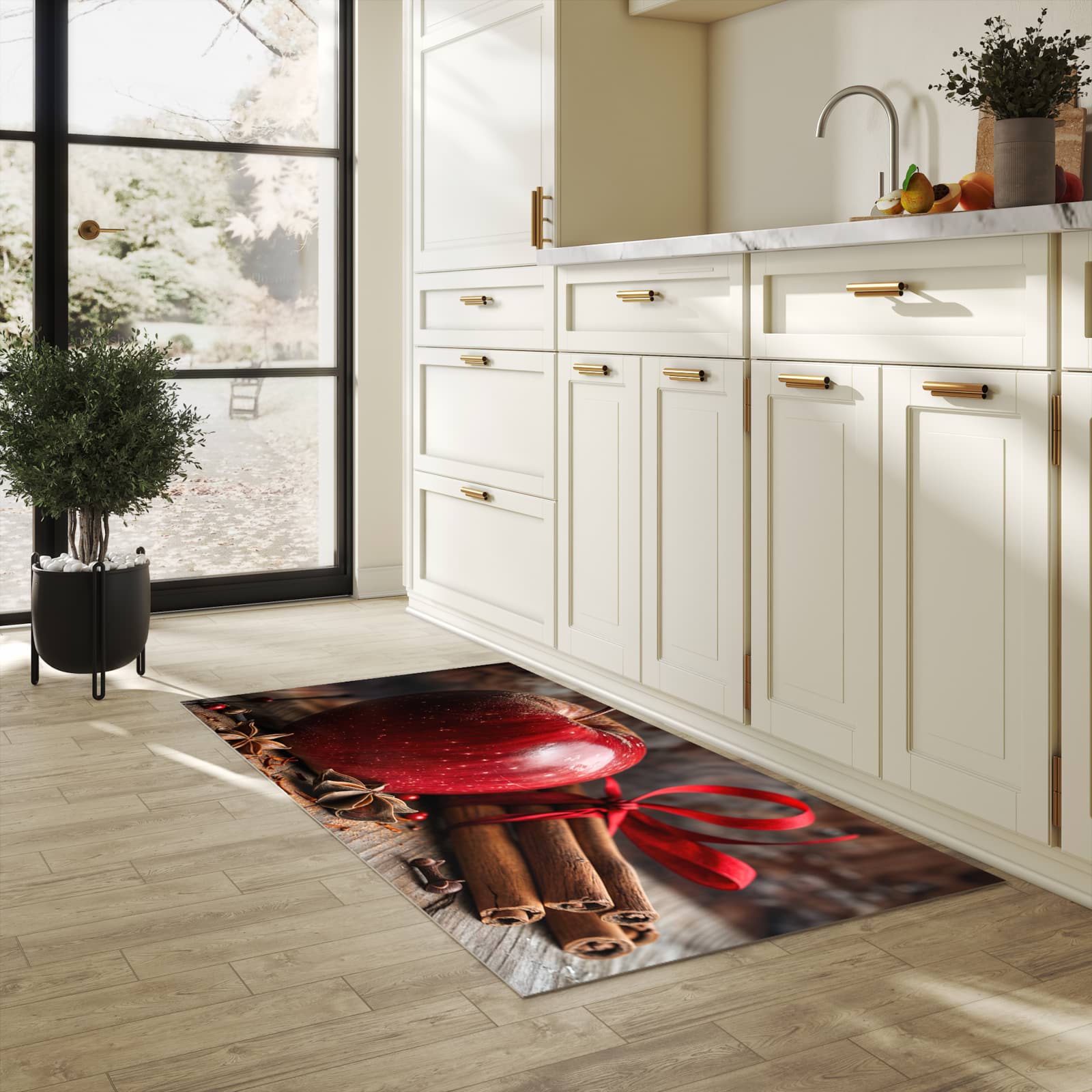 Pflegeleichter Küchenteppich mit Motiv mit und Apfel in heller Küche