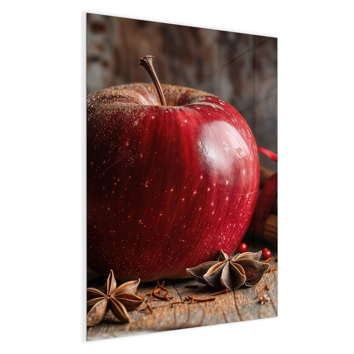 Roter Apfel auf Holz, daneben mit roter Schleife gebündelte Zimtstangen und Sternanis
