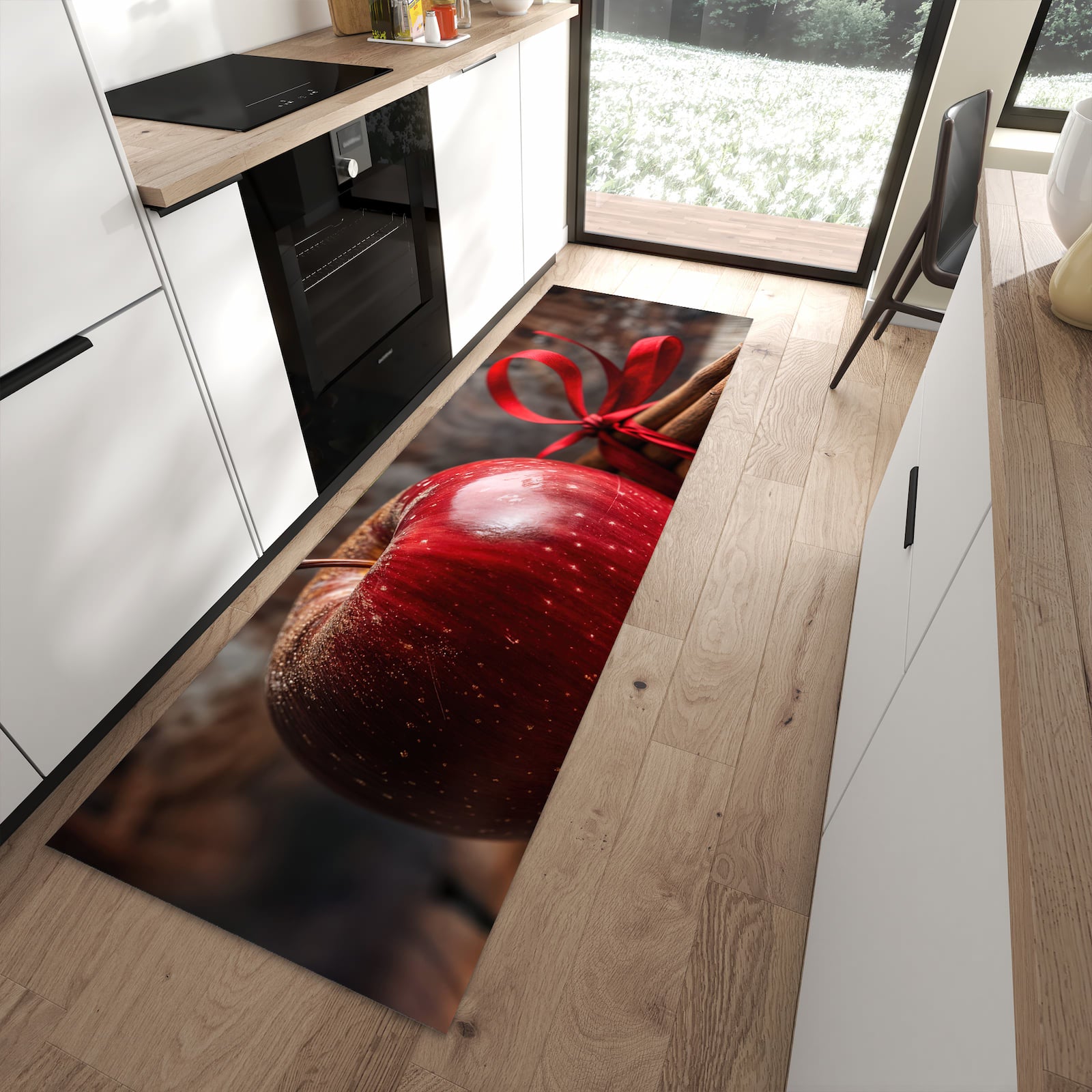 Geruchsneutraler Küchenteppich mit Motiv mit und Apfel in moderner Küche