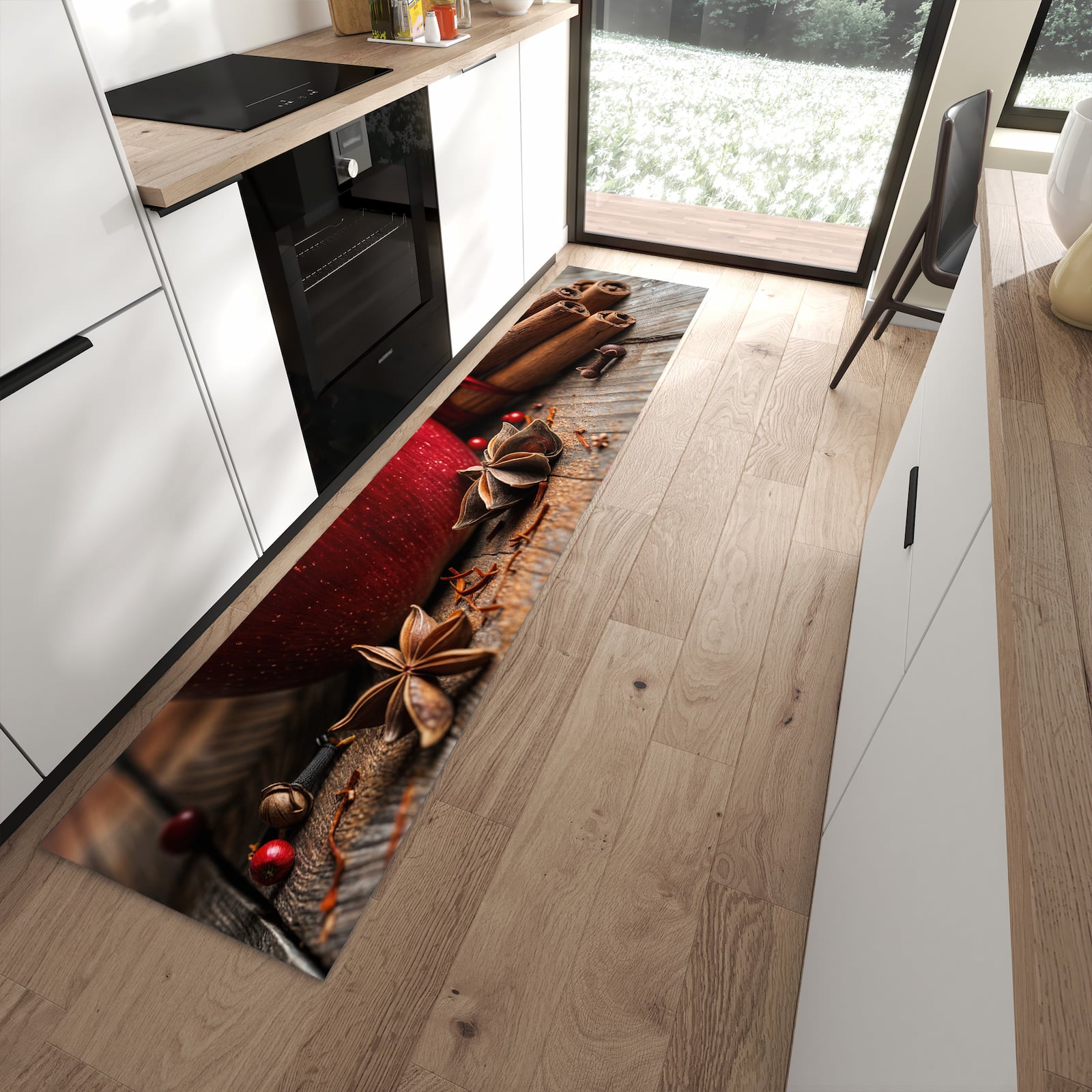 Komfortabler Küchenteppich mit Motiv mit und Apfel in moderner Küche - abwaschbar