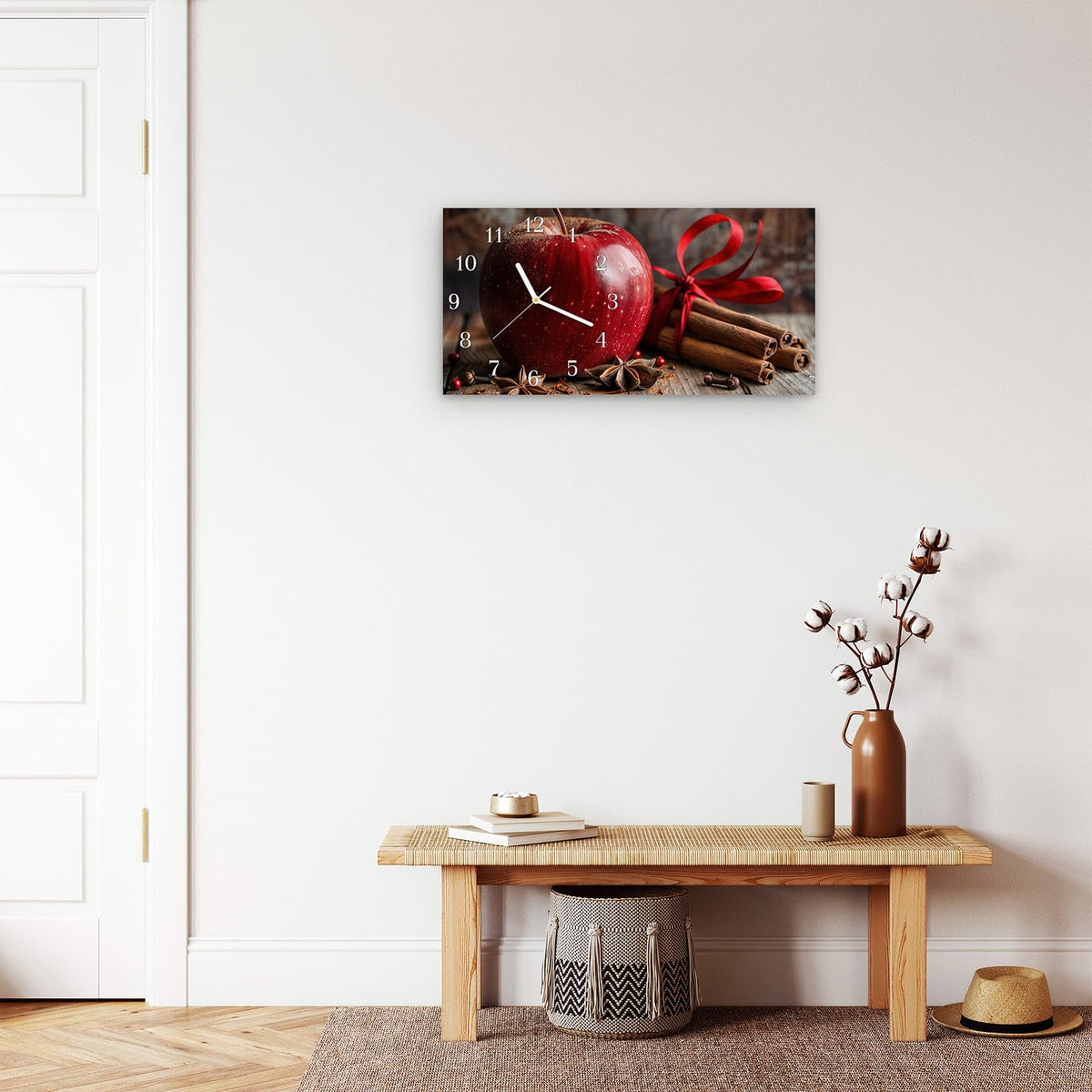 Moderne Wanduhr aus Glas mit Farbtiefe – Wanduhr mit und Apfel aus Glas – Querformat 60 × 30 cm