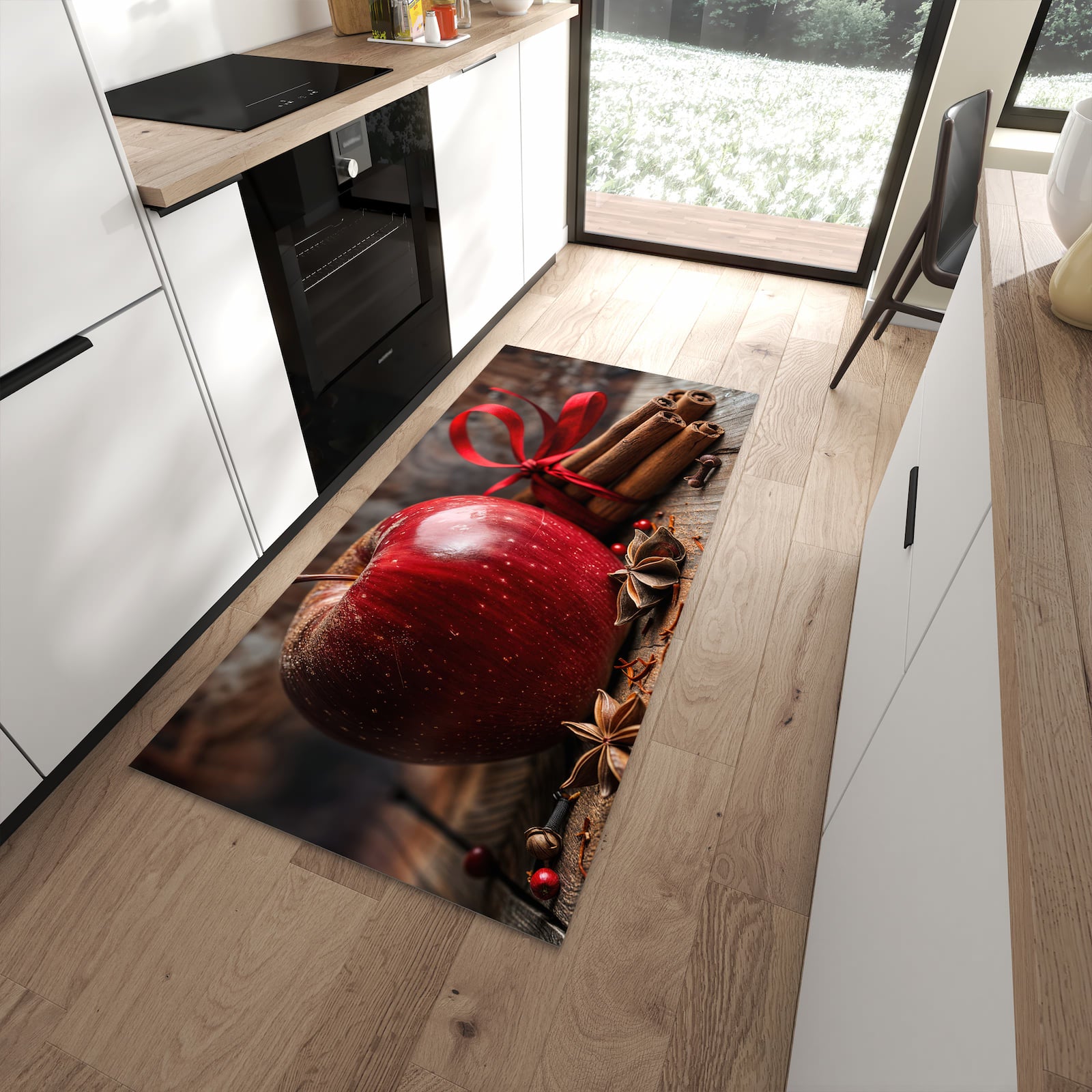 Pflegeleichter Küchenteppich mit Motiv mit und Apfel in moderner Küche
