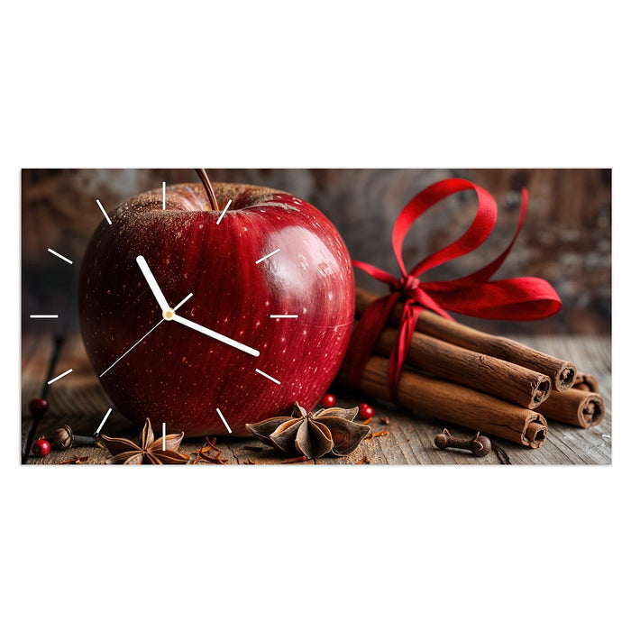 Wanduhr mit und Apfel aus Glas – Querformat 60 × 30 cm mit Ziffernblatt Linie