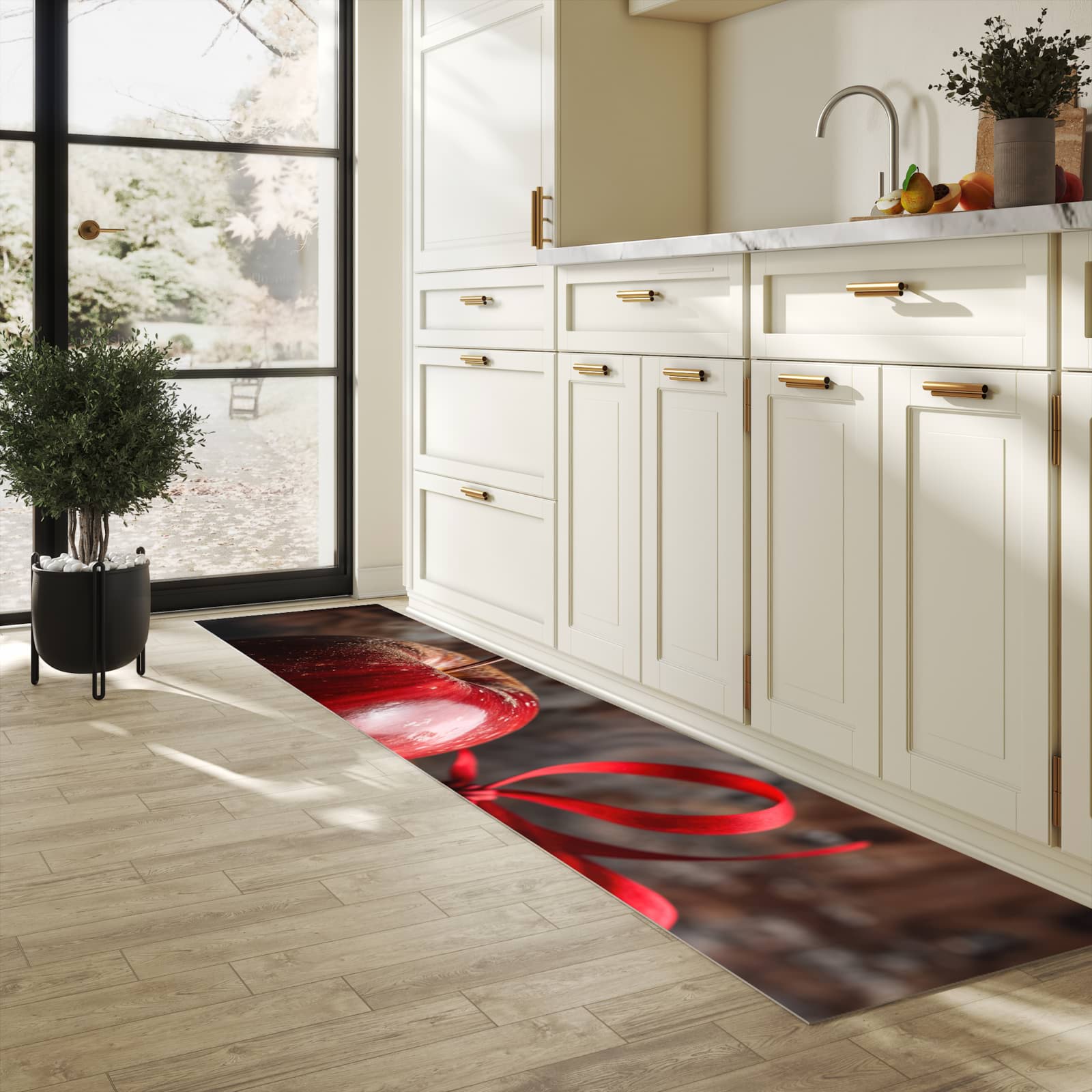 Geruchsneutraler Küchenläufer nach Maß mit Motiv mit und Apfel in heller Küche