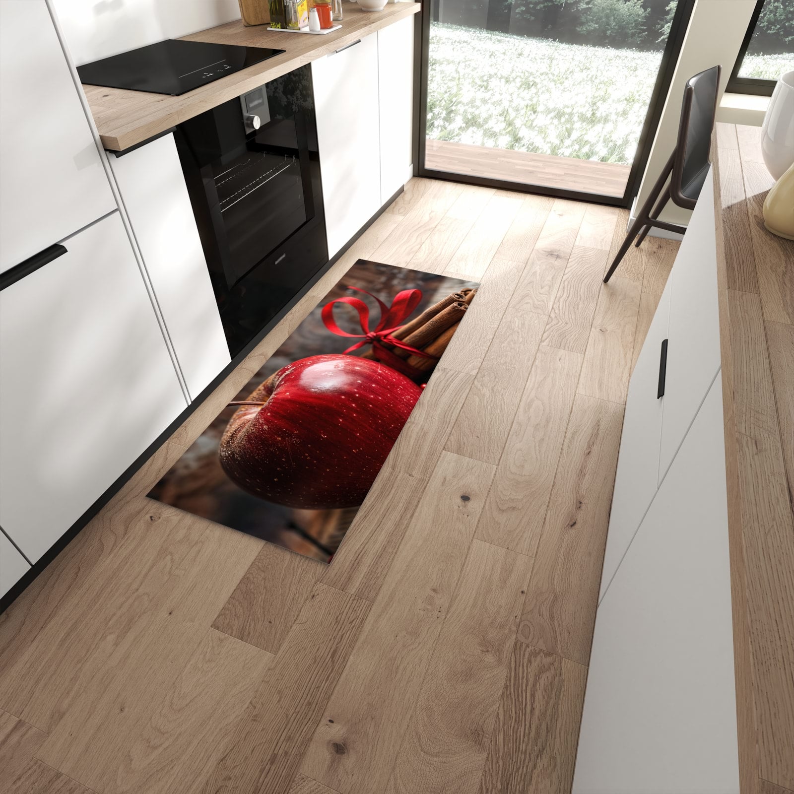 Geräuschdämpfender waschbarer Küchenläufer mit Motiv mit und Apfel in moderner Küche #grösse_60 x 150 cm