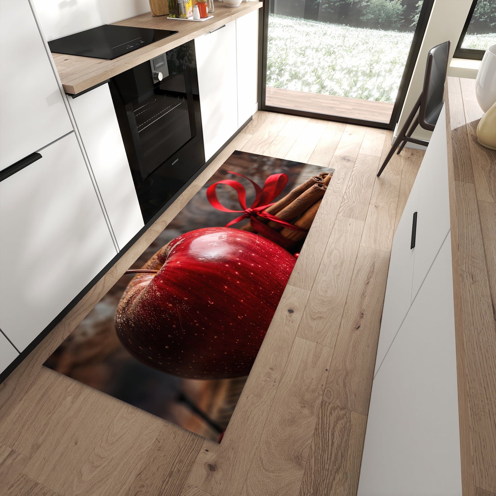 Schmutzabweisender Küchenteppich mit Motiv mit und Apfel in moderner Küche