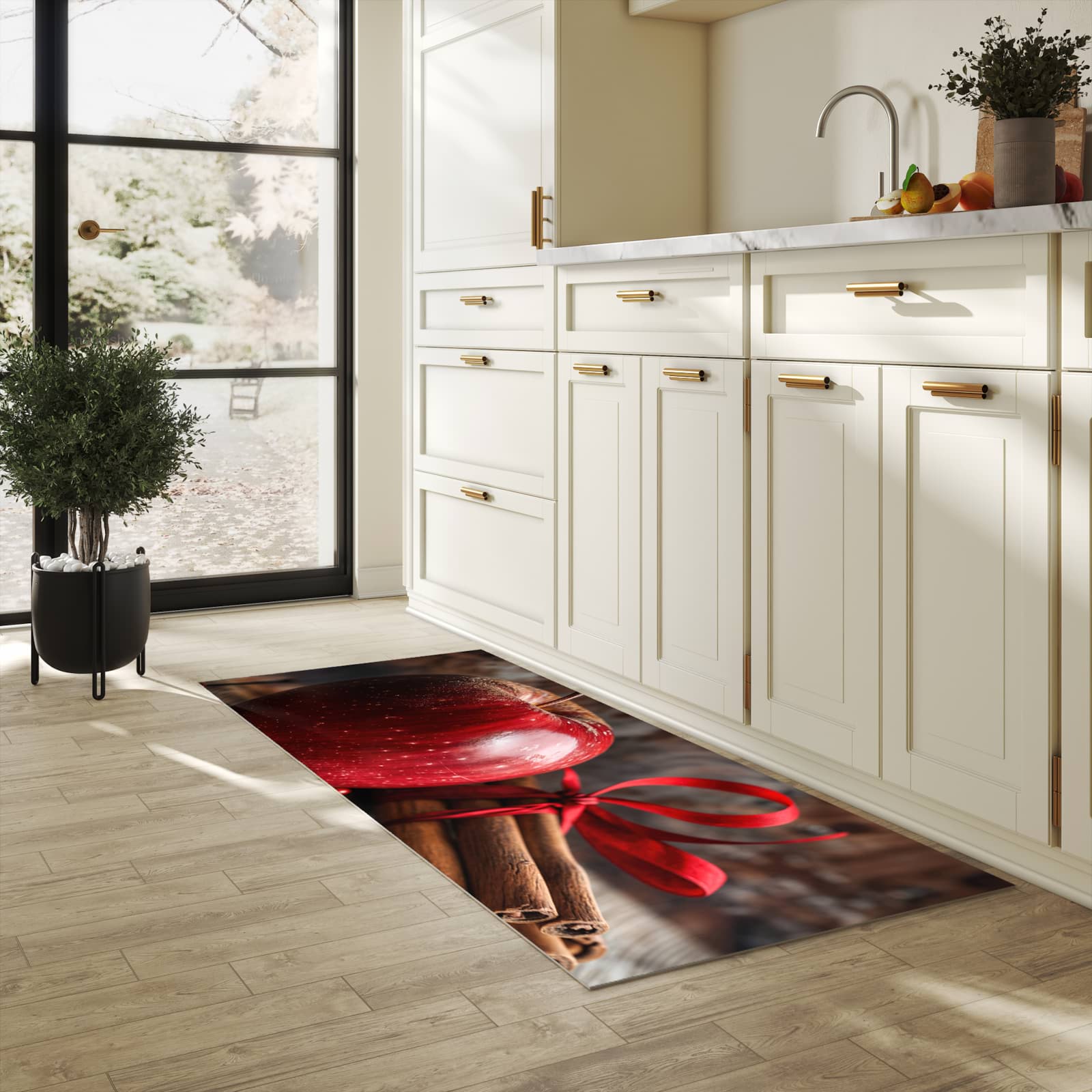 Flacher moderner Küchenläufer mit Motiv mit und Apfel in heller Küche