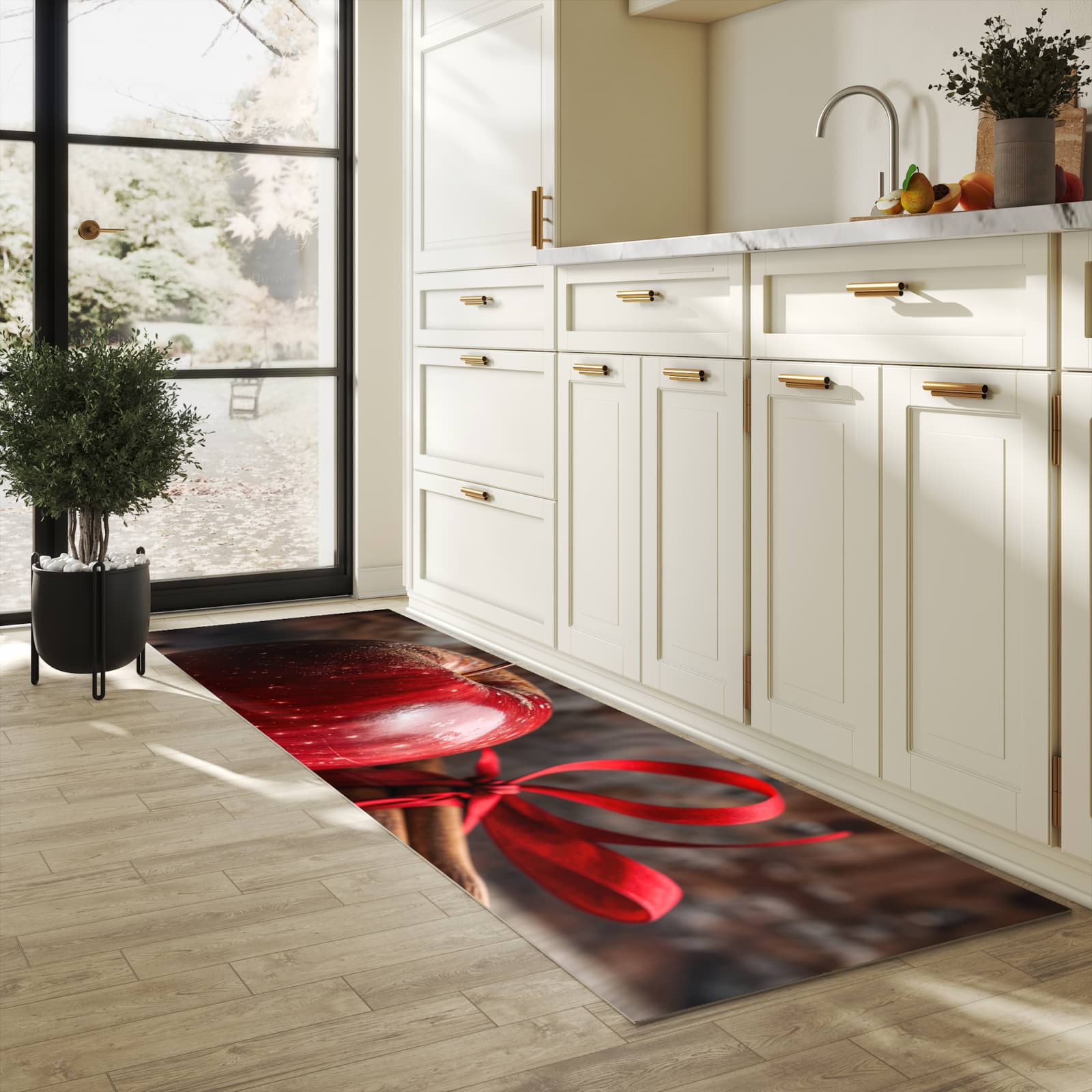 Komfortabler abwaschbarer Küchenteppich mit Motiv mit und Apfel in heller Küche