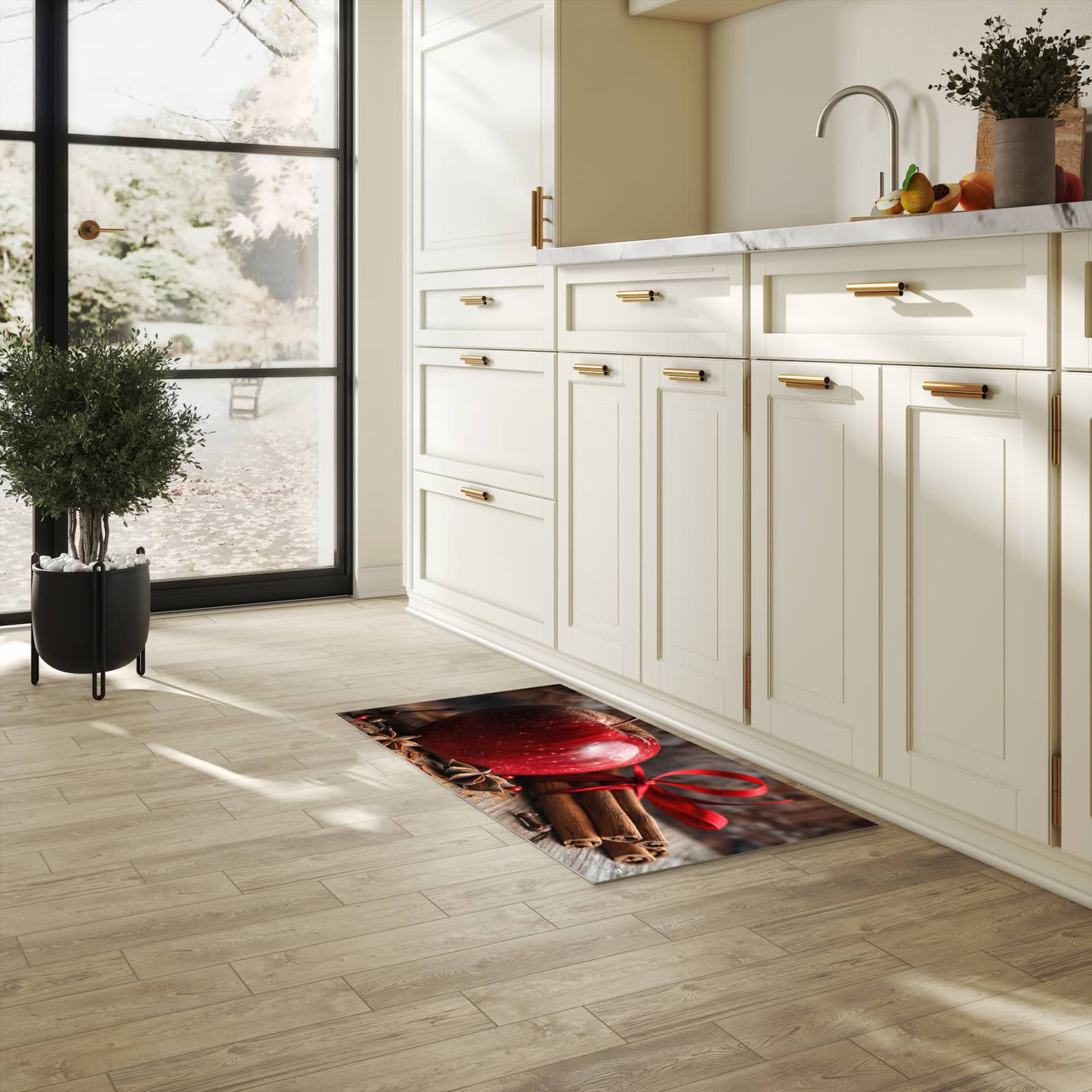 UV-beständiger rutschfester Küchenläufer mit Motiv mit und Apfel in heller Küche