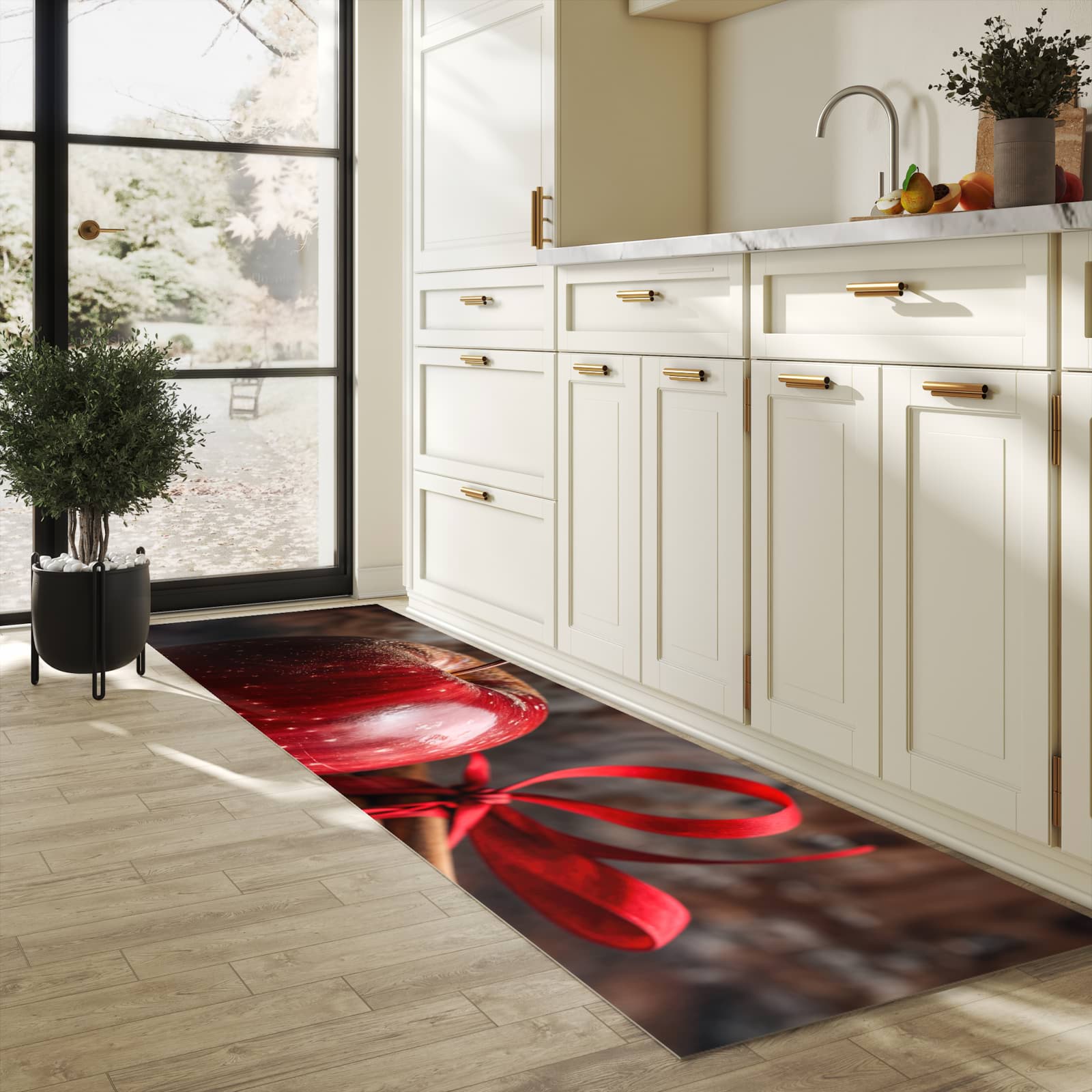 Rutschfester Küchenläufer mit Motiv mit und Apfel in heller Küche