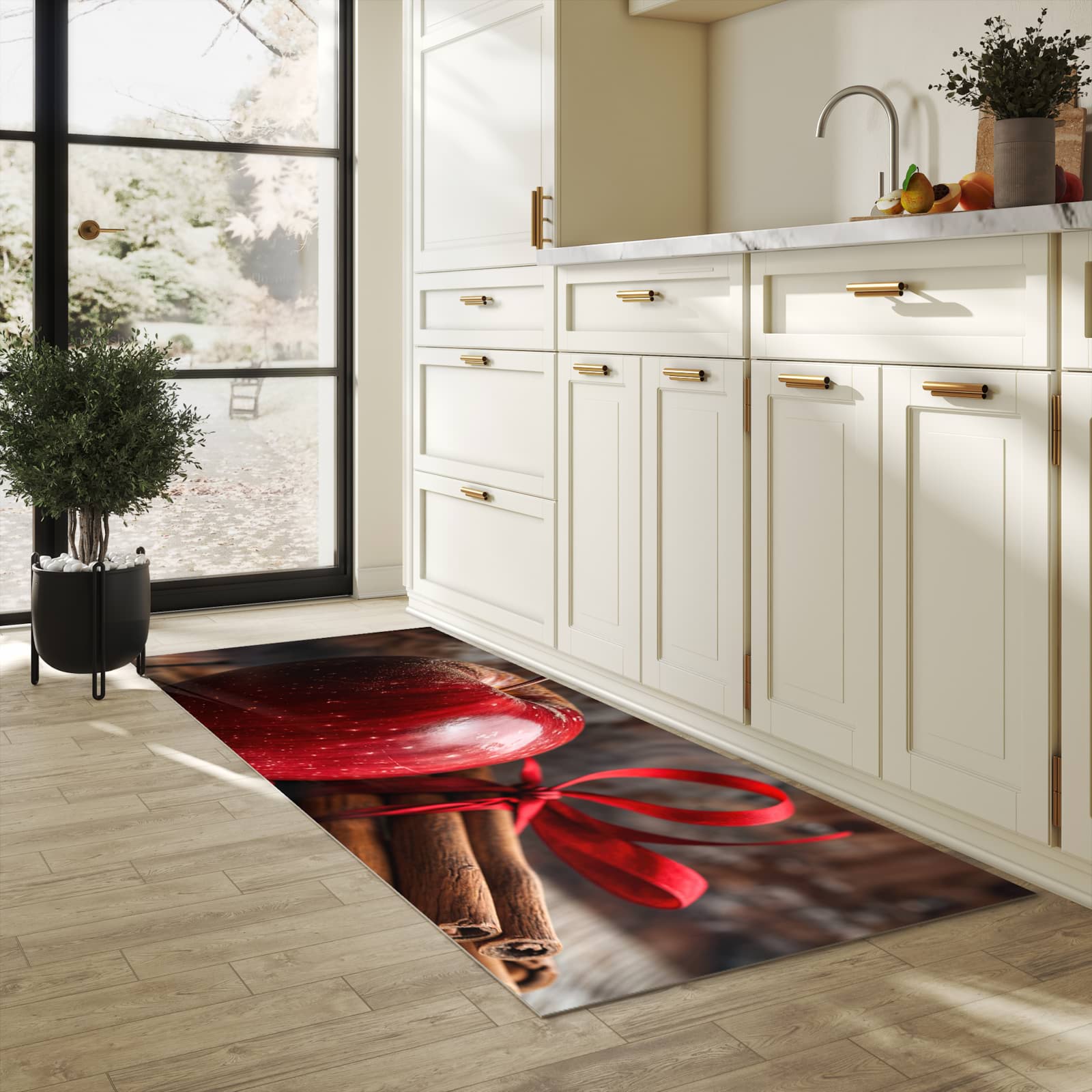 Küchenteppich mit Motiv mit und Apfel für angenehme Haptik in heller Küche