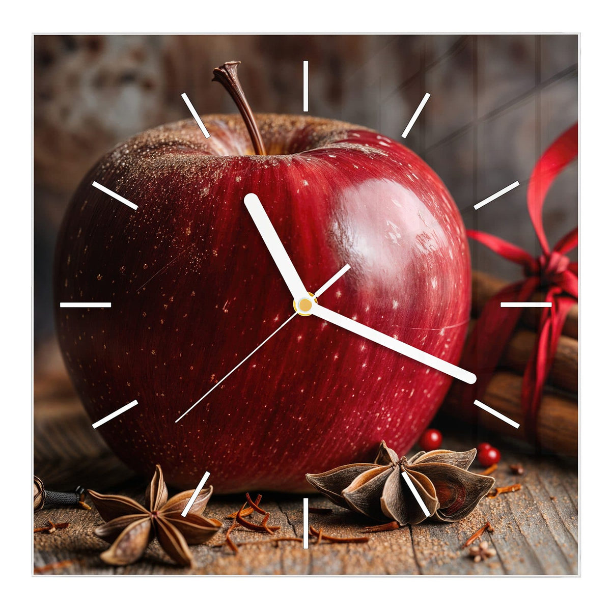Wanduhr aus Glas, Ziffernblatt Linie: Roter Apfel auf Holz, daneben mit roter Schleife gebündelte Zimtstangen und Sternanis