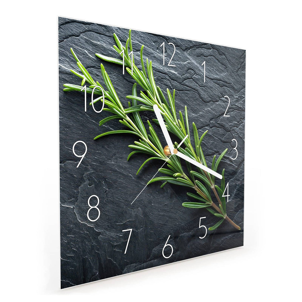 Quadratische Wanduhr aus Glas Rosmarin auf Schiefer schräg von der Seite, 4 mm starkes Glas