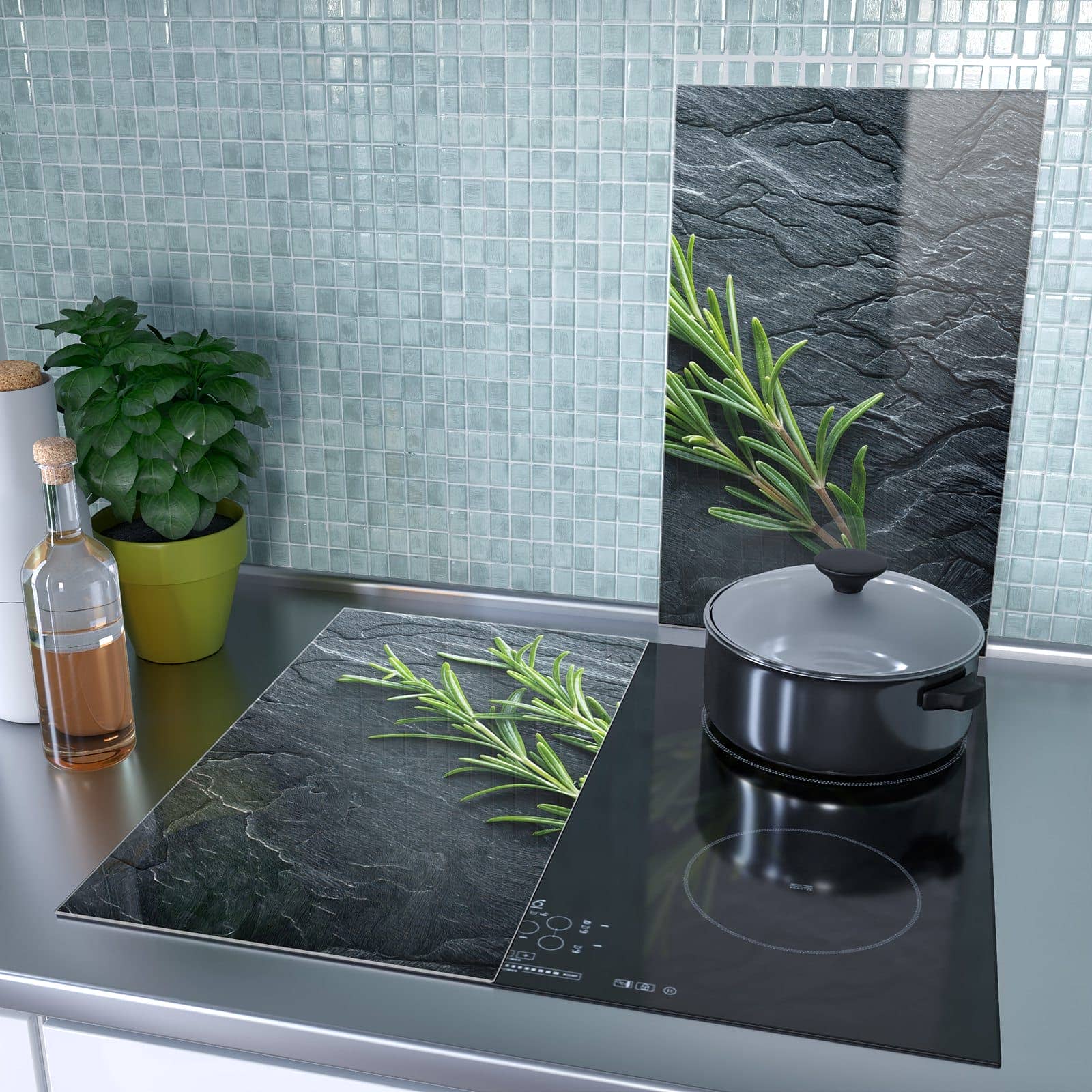 2-teilige Herdabdeckplatte aus Glas mit Rosmarinzweig Slate-Motiv als Spritzschutz hinter dem Kochfeld