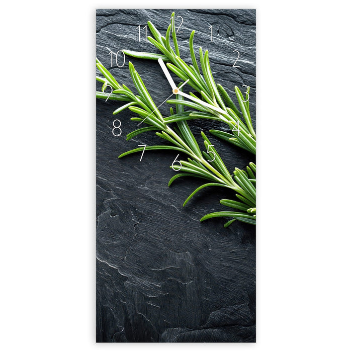 Wanduhr Rosmarinzweig Slate aus Glas – Hochformat 30 × 60 cm mit Ziffernblatt Elegant