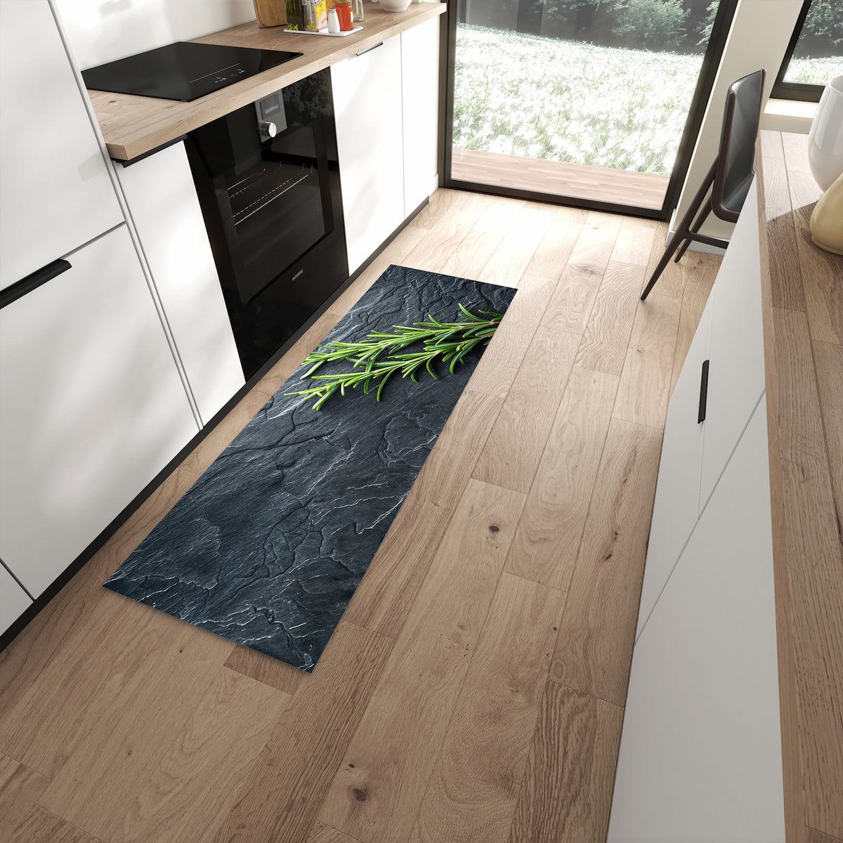 Strapazierfähiger rutschfester Küchenteppich mit Motiv Rosmarinzweig Slate in moderner Küche