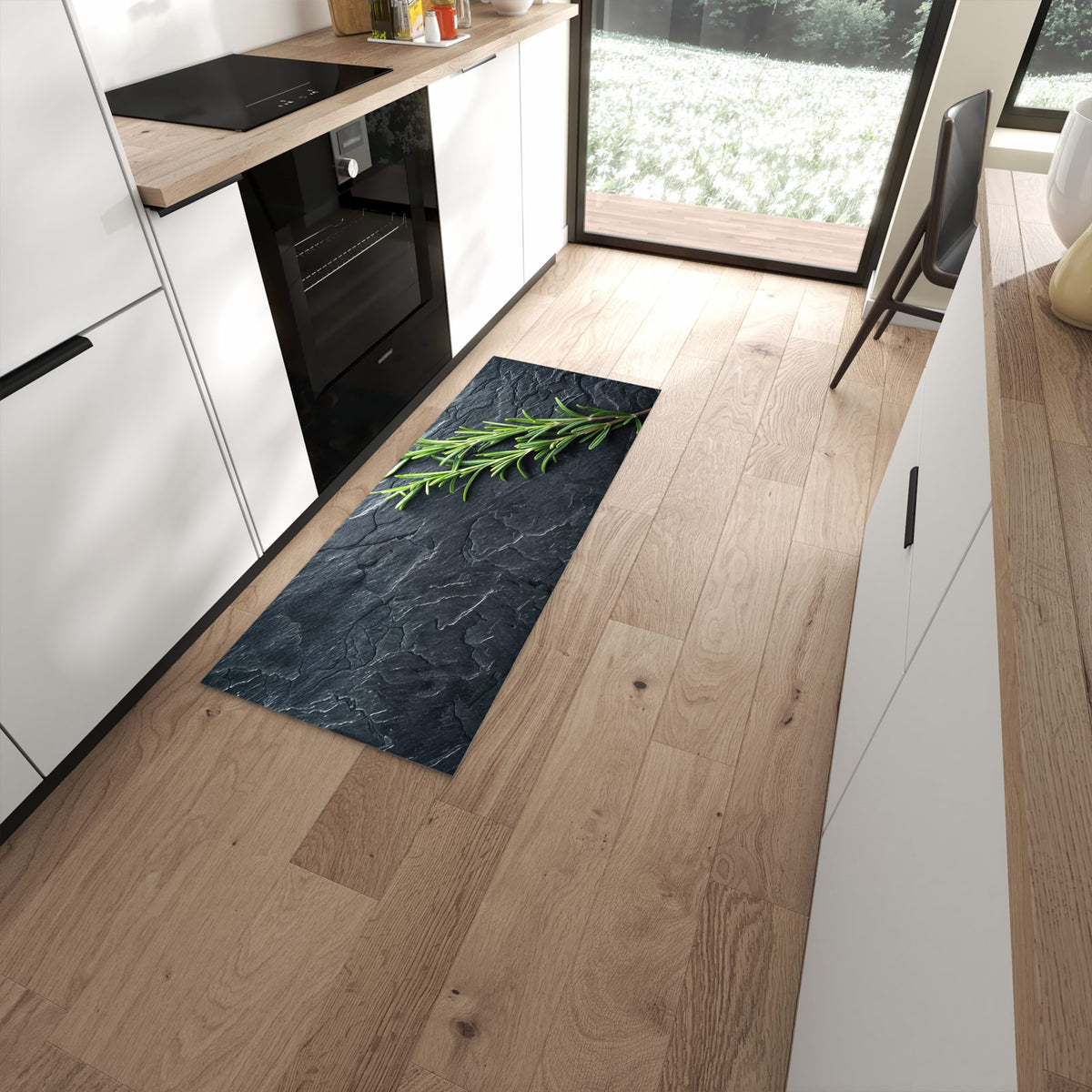 Hygienischer großer Küchenteppich mit Motiv Rosmarinzweig Slate in moderner Küche #grösse_60 x 150 cm
