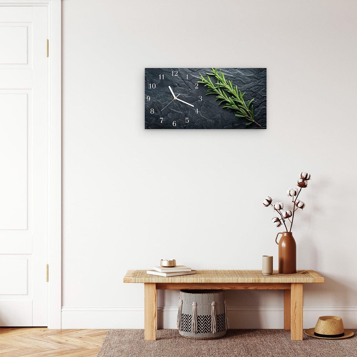 Moderne Wanduhr aus Glas mit Farbtiefe – Wanduhr Rosmarinzweig Slate aus Glas – Querformat 60 × 30 cm