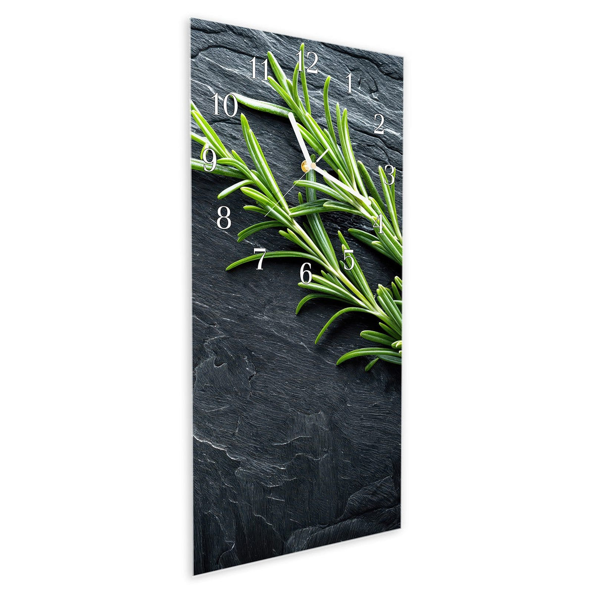 Vormontiert – mit Schwebeeffekt – Wanduhr Rosmarinzweig Slate aus Glas – Hochformat 30 × 60 cm
