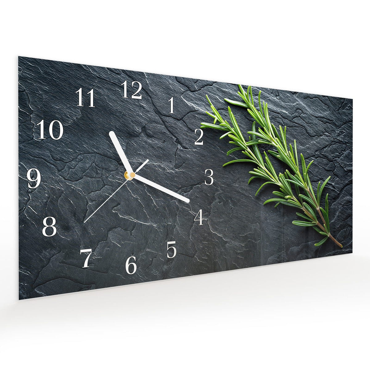 Vormontiert – mit Schwebeeffekt – Wanduhr Rosmarinzweig Slate aus Glas – Querformat 60 × 30 cm