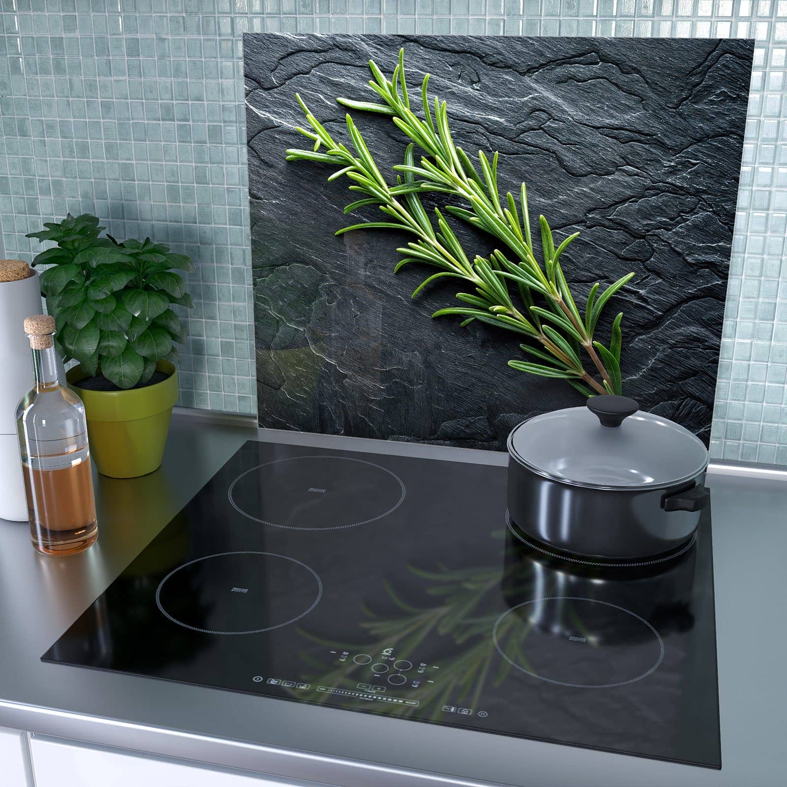 1-teilige Herdabdeckplatte mit Rosmarinzweig Slate-Motiv als Spritzschutz hinter dem Kochfeld