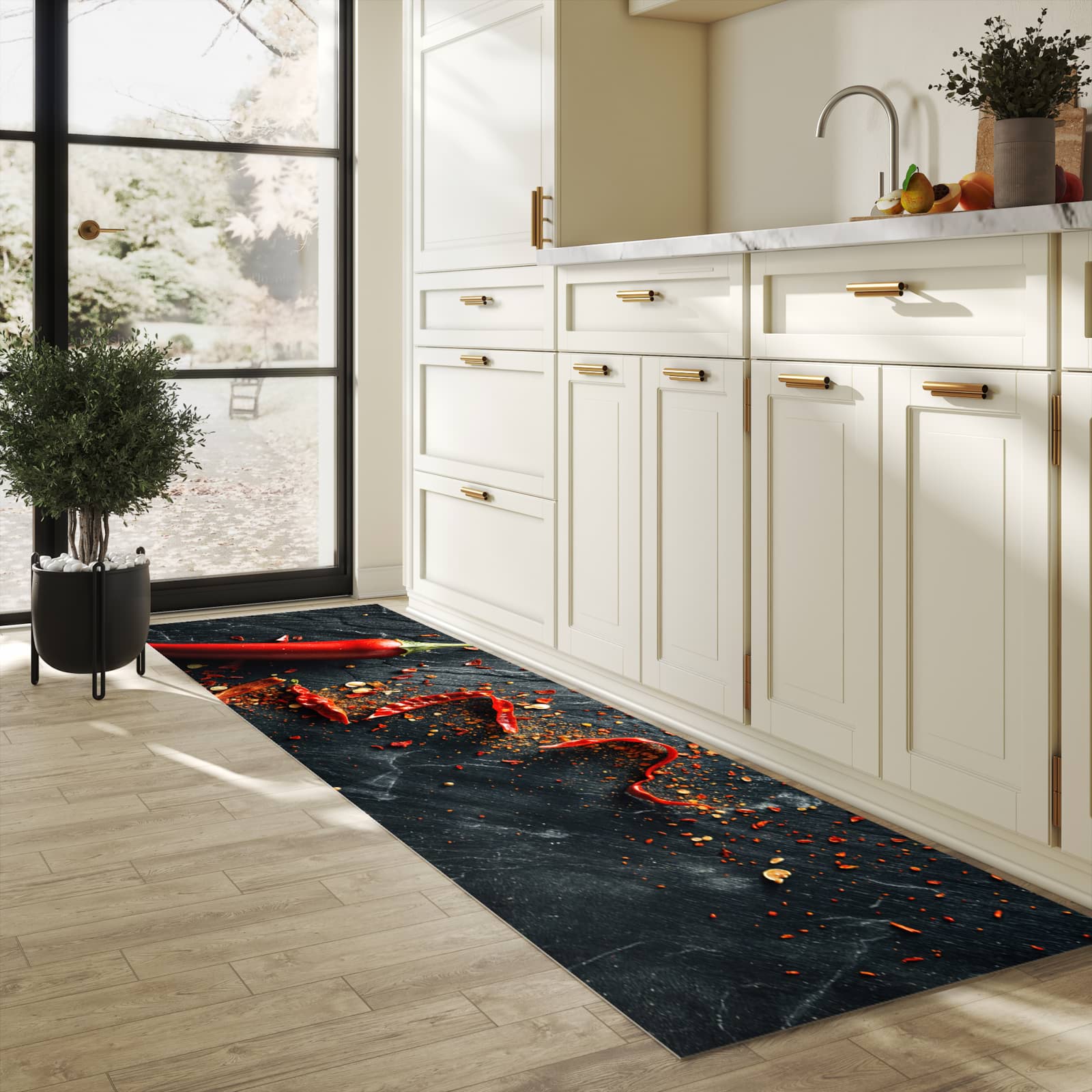 Bodenläufer mit Motiv Chili Auf Schiefer für angenehme Haptik in heller Küche