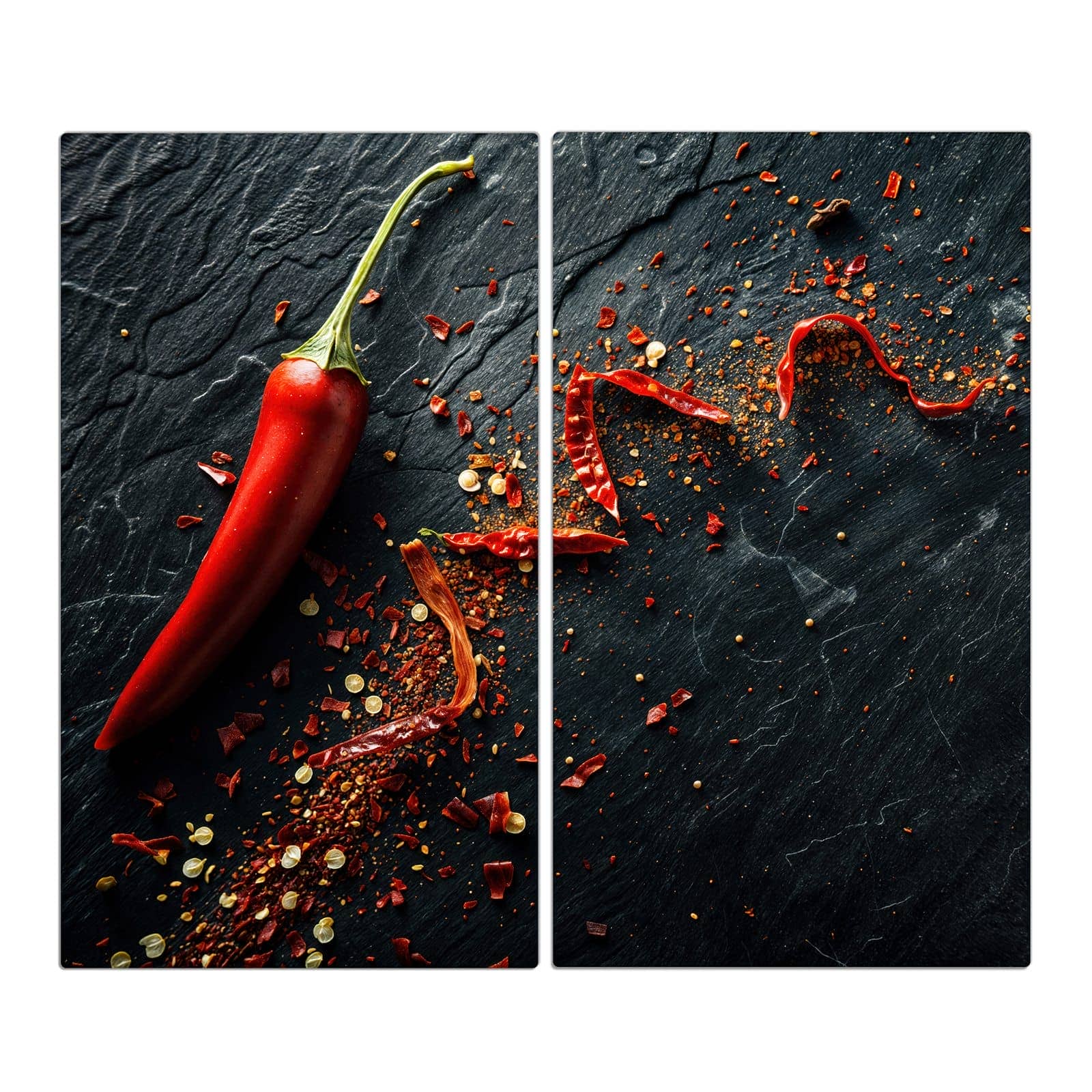 2-teilige Glasabdeckplatte für Ceranfeld mit Chili Auf Schiefer-Motiv in der Frontansicht #grösse_2-Teilig (60x52cm)