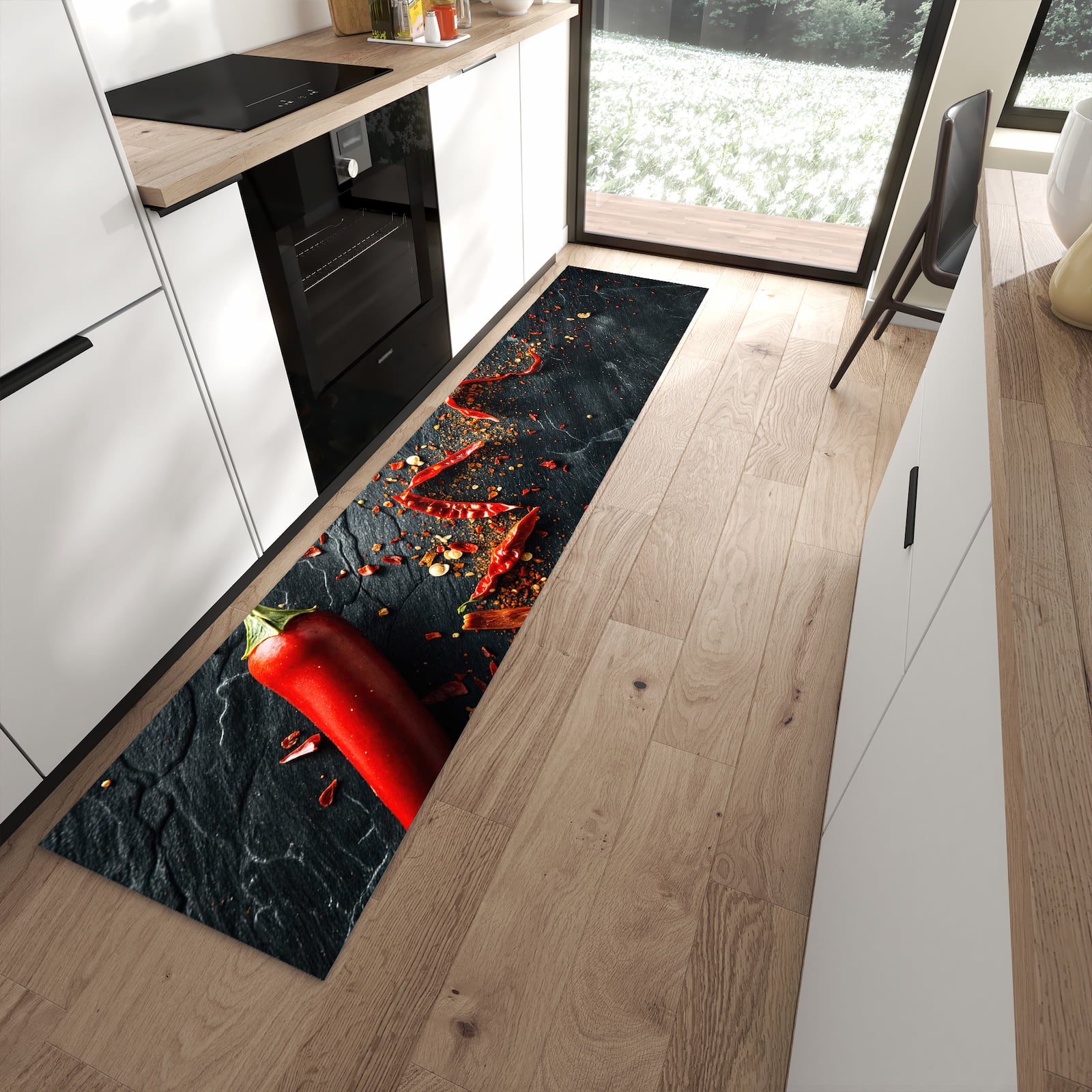 Fleckenresistenter rutschfester Küchenteppich mit Motiv Chili Auf Schiefer in moderner Küche