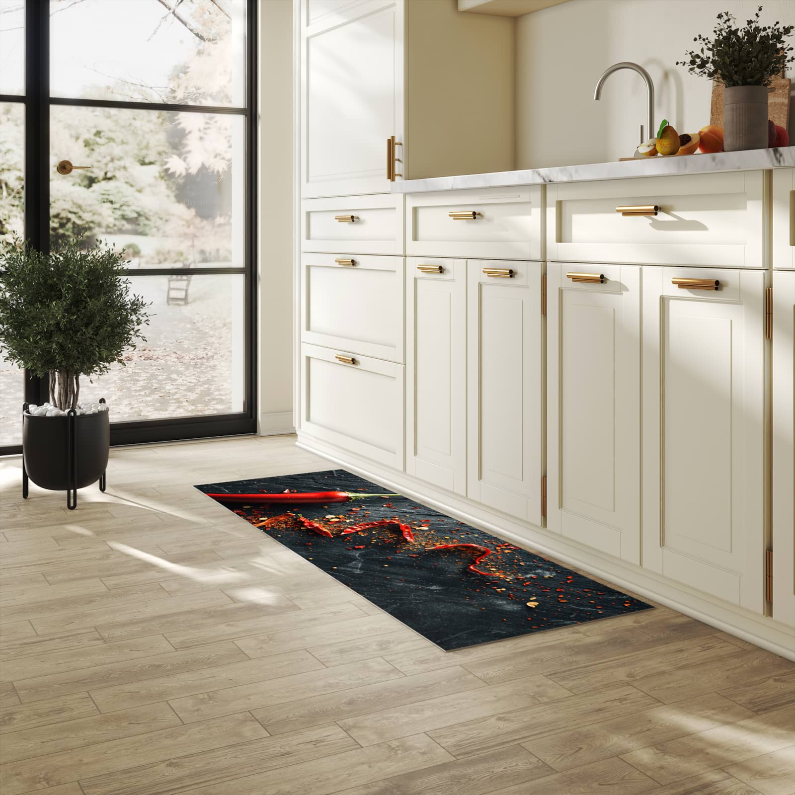 Schmutzabweisender Läufer mit Motiv Chili Auf Schiefer für Eingangsbereich in heller Küche