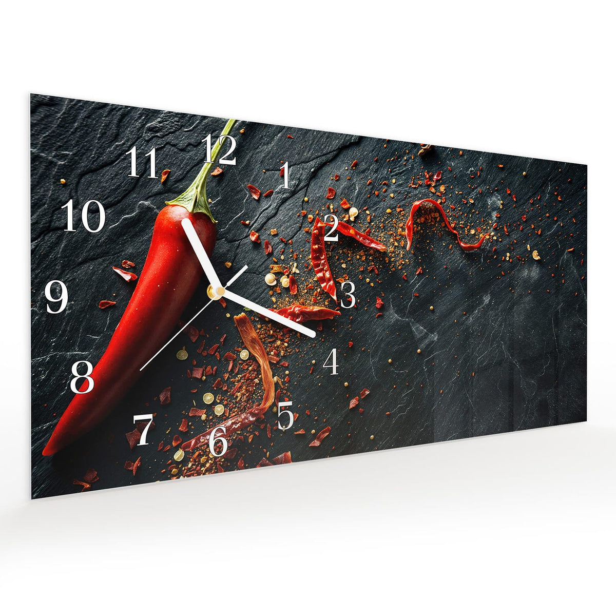 Vormontiert – mit Schwebeeffekt – Wanduhr Chili Auf Schiefer aus Glas – Querformat 60 × 30 cm