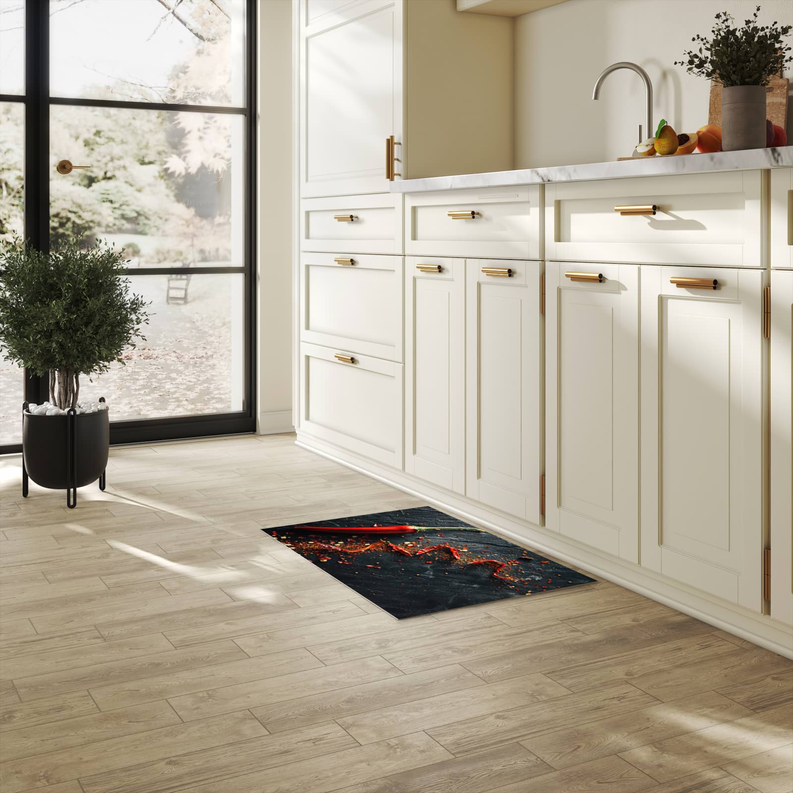 Pflegeleichter dünner Küchenteppich mit Motiv Chili Auf Schiefer in heller Küche