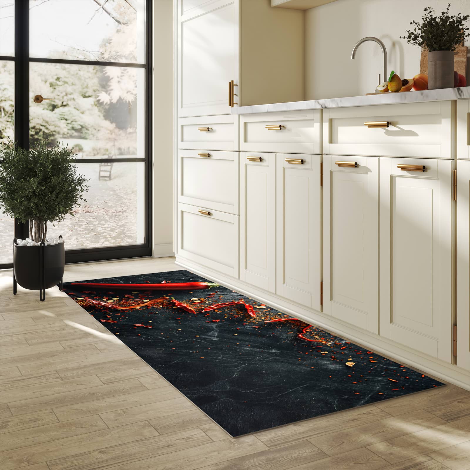 Strapazierfähiger Küchenteppich mit Motiv Chili Auf Schiefer in heller Küche