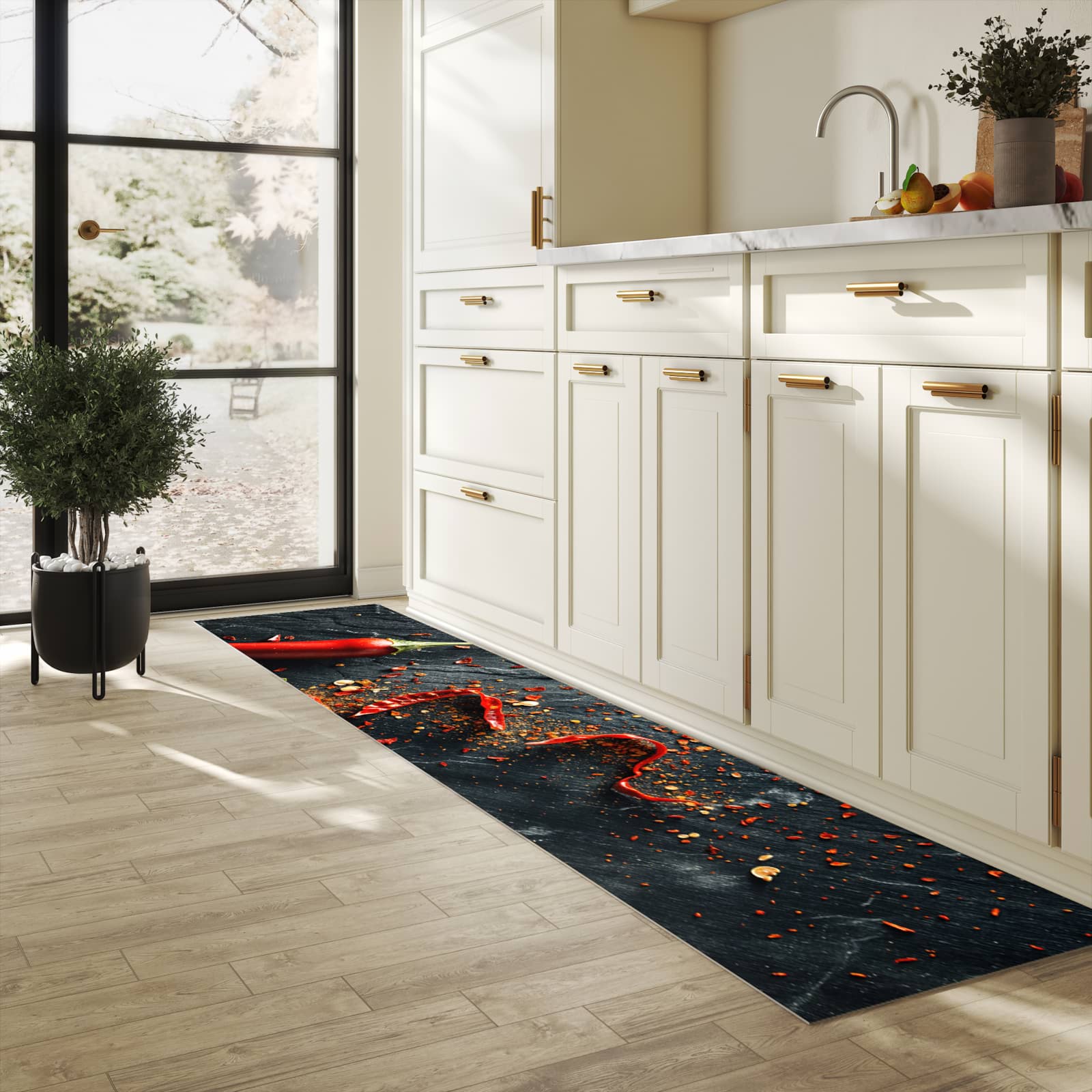 Flacher rutschfester Küchenteppich mit Motiv Chili Auf Schiefer in heller Küche