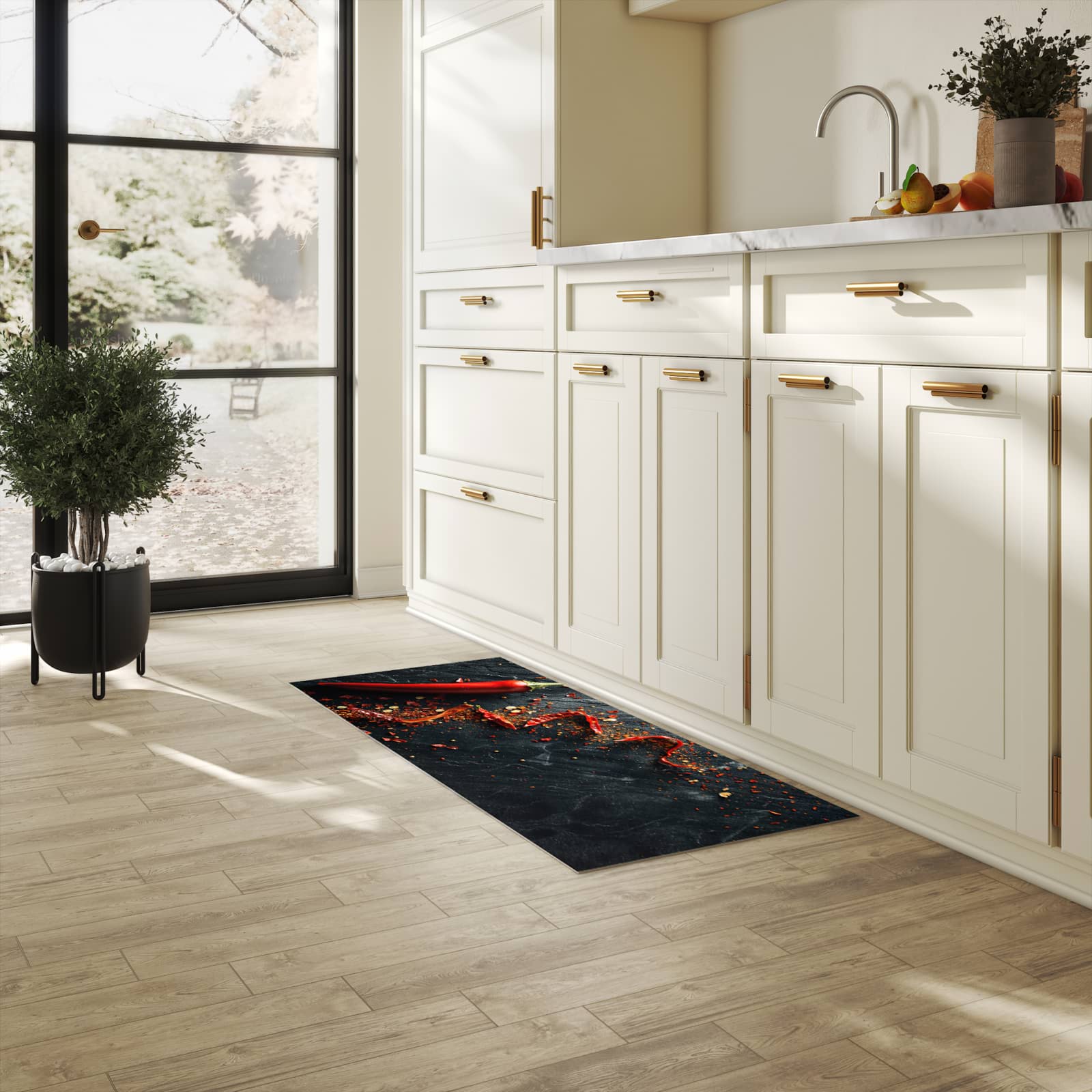 Fleckenresistenter langer Teppich mit Motiv Chili Auf Schiefer in heller Küche
