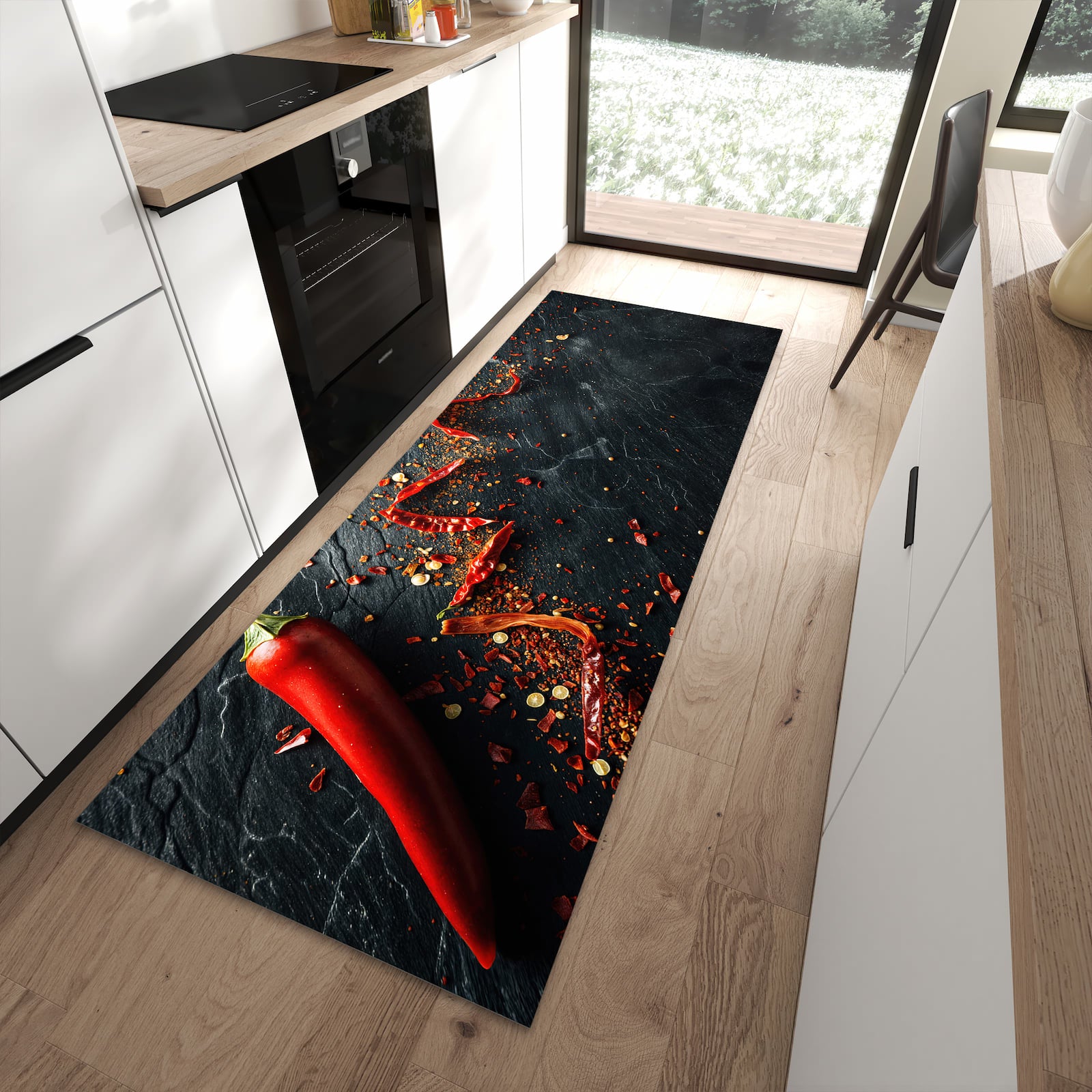 Leicht zu reinigender Küchenteppich mit Motiv Chili Auf Schiefer in moderner Küche