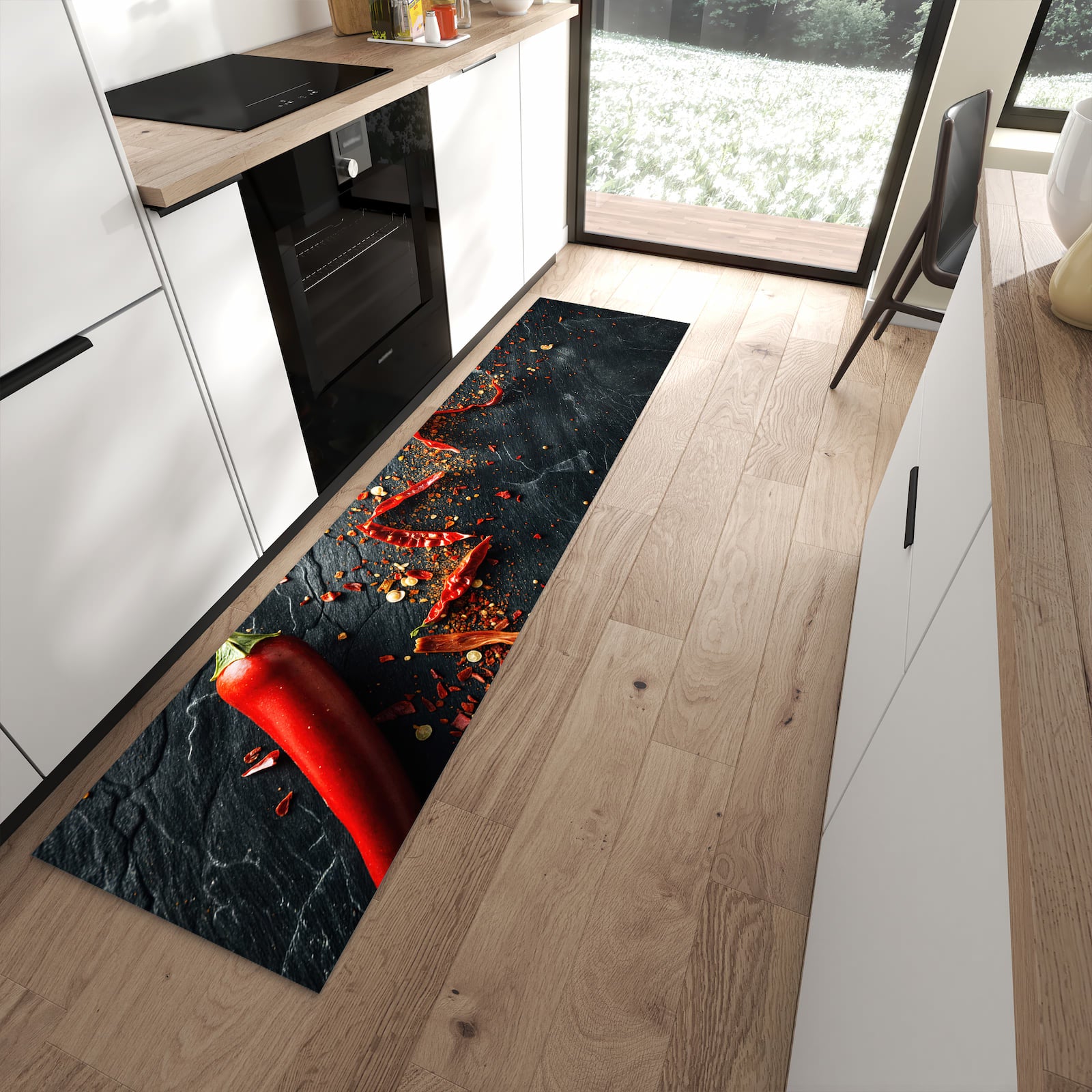 Wasserabweisender Teppich für Esstisch mit Motiv Chili Auf Schiefer in moderner Küche