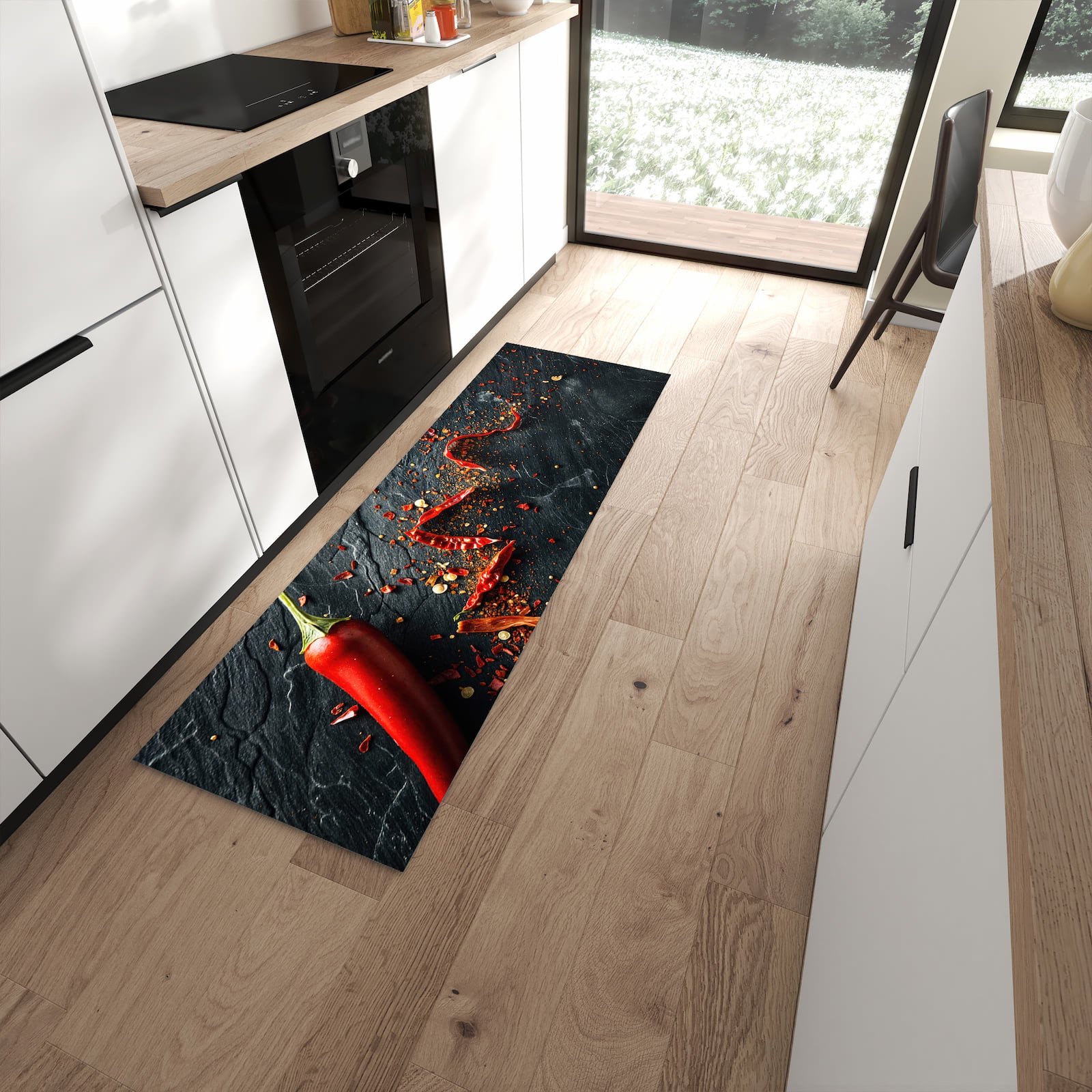 Küchenteppich mit Motiv Chili Auf Schiefer für Trittkomfort in moderner Küche, waschbar