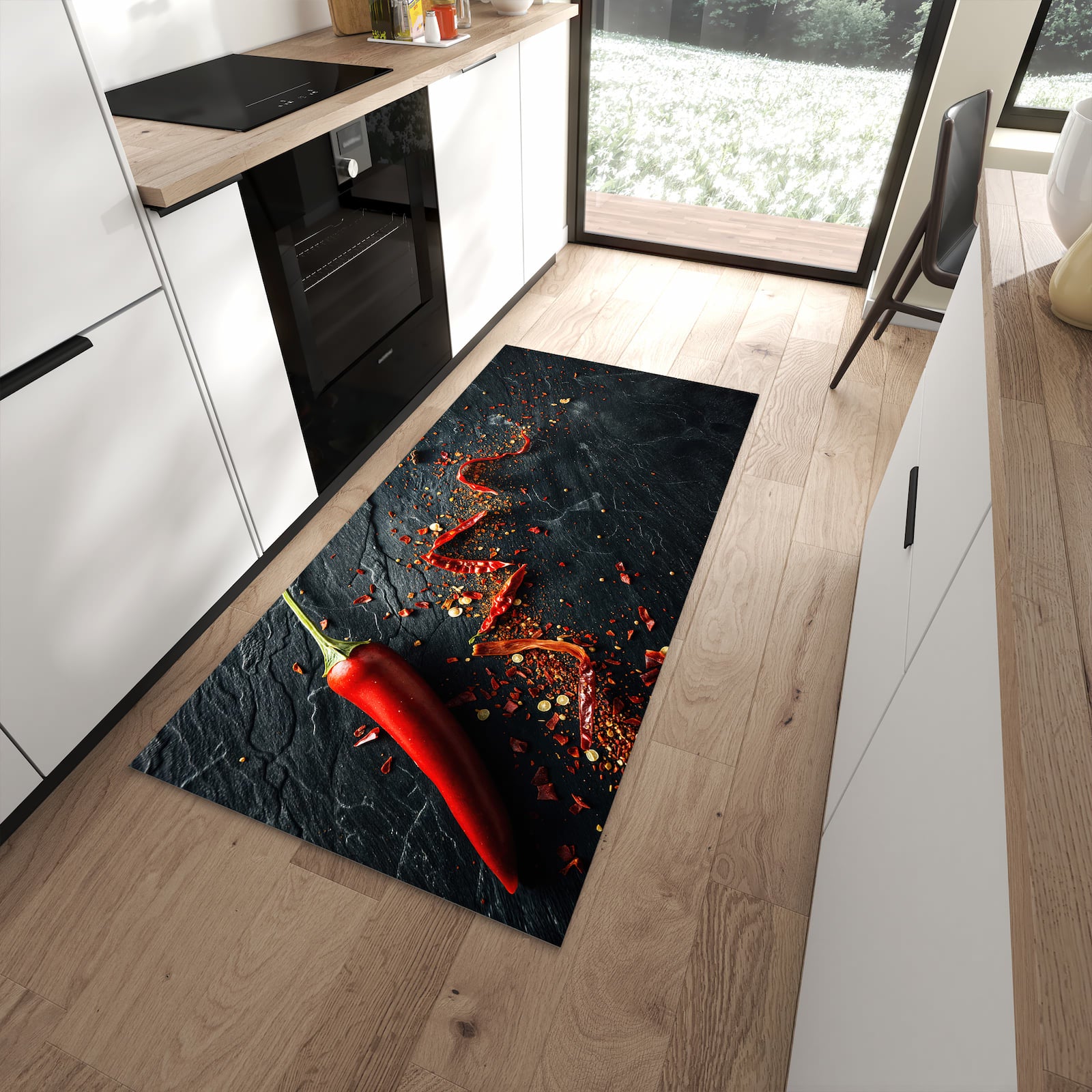 Rutschfester Küchenteppich mit Motiv Chili Auf Schiefer in moderner Küche